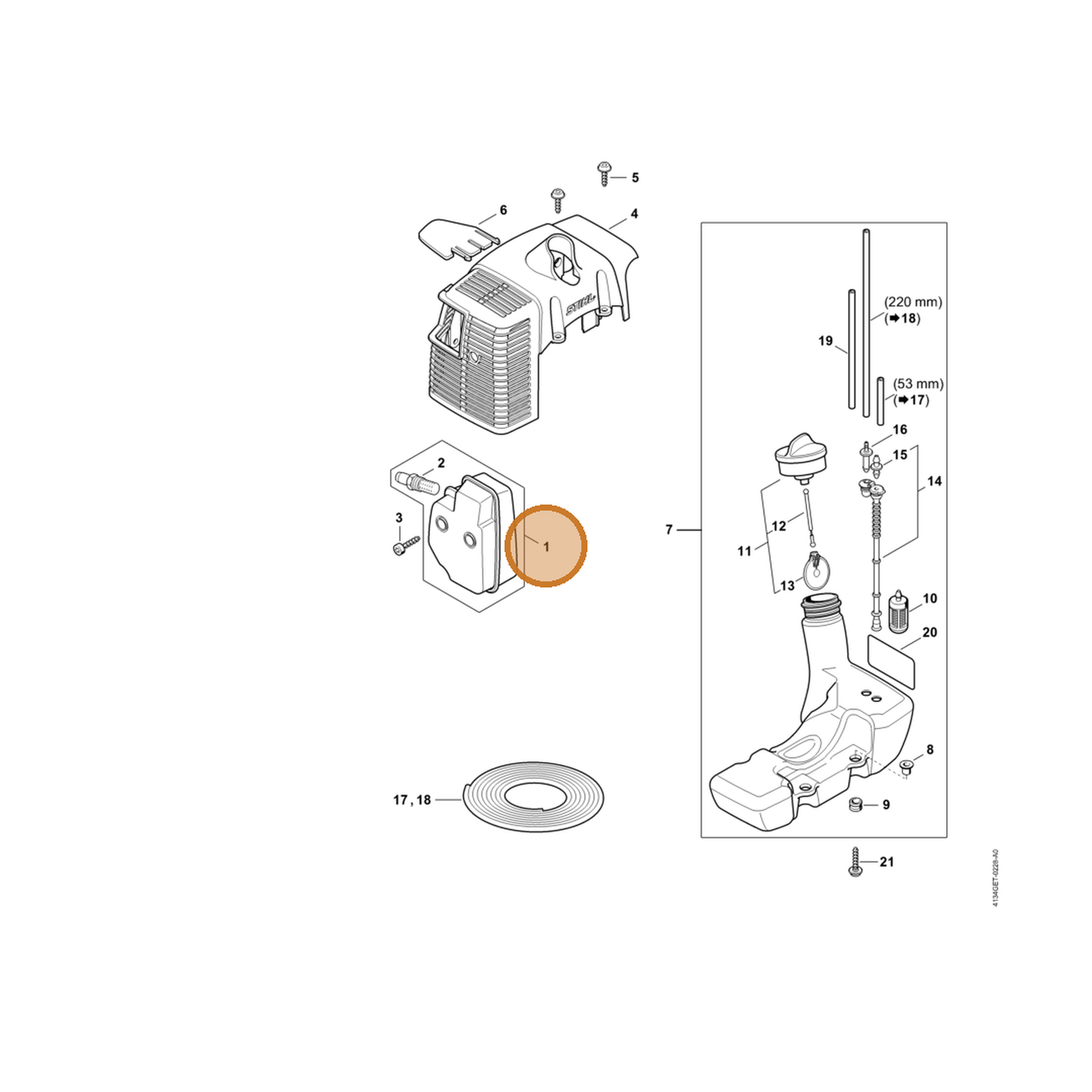 STIHL part 4134-140-0614 — IPL diagram snippet (6x zoom, amber highlight)