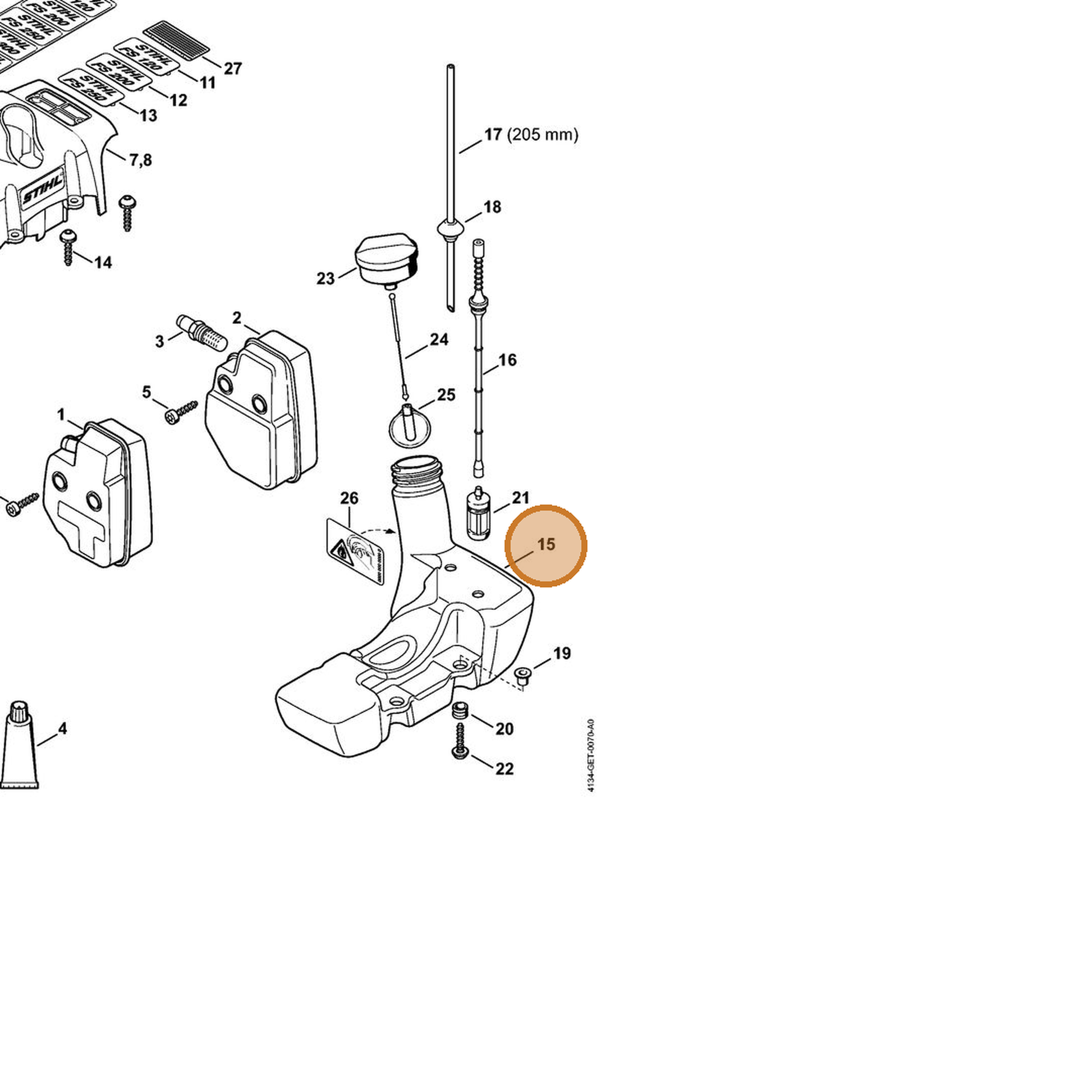 STIHL part 4134-350-0400 — IPL diagram snippet (6x zoom, amber highlight)