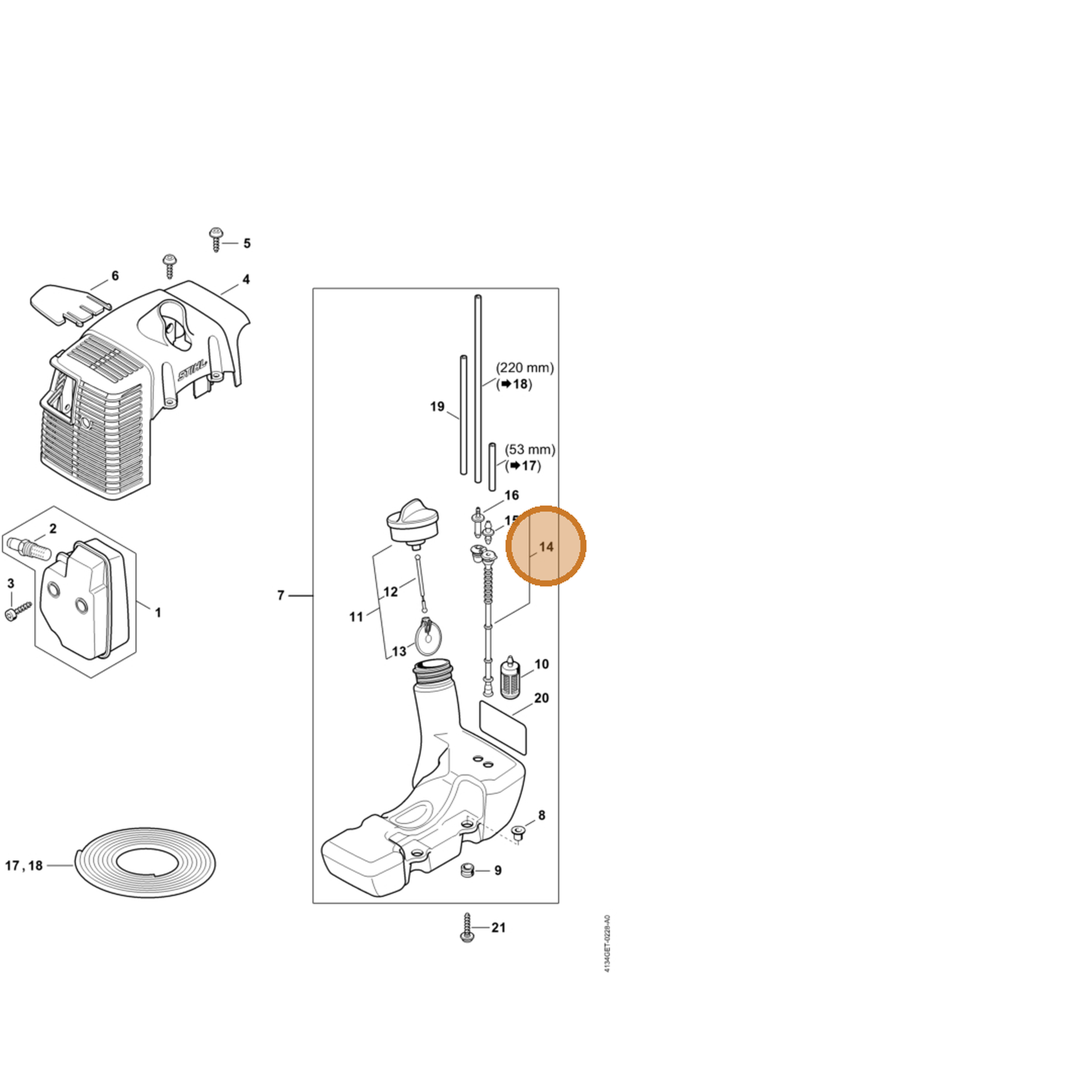 STIHL part 4134-350-7600 — IPL diagram snippet (6x zoom, amber highlight)