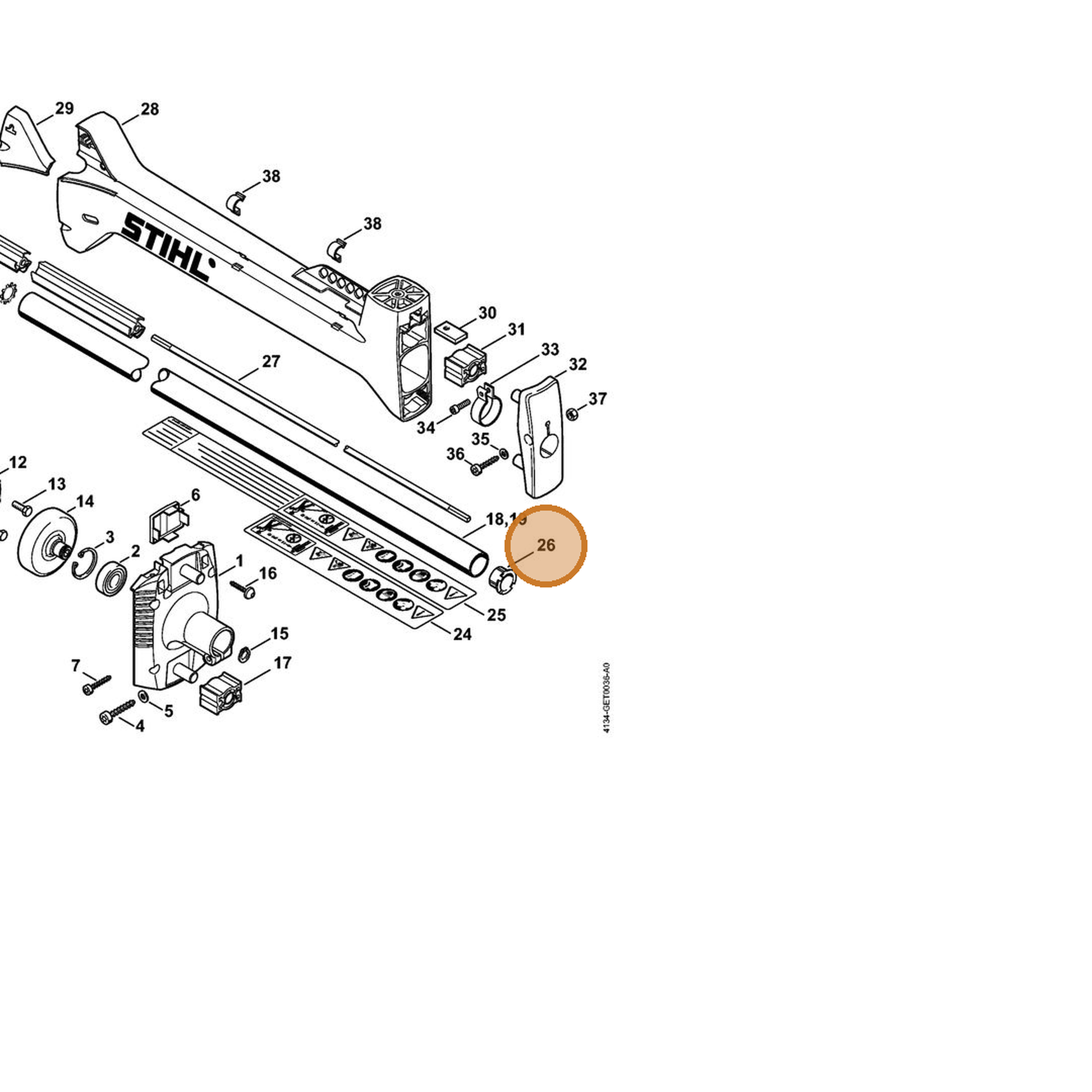 STIHL part 4134-711-2100 — IPL diagram snippet (6x zoom, amber highlight)