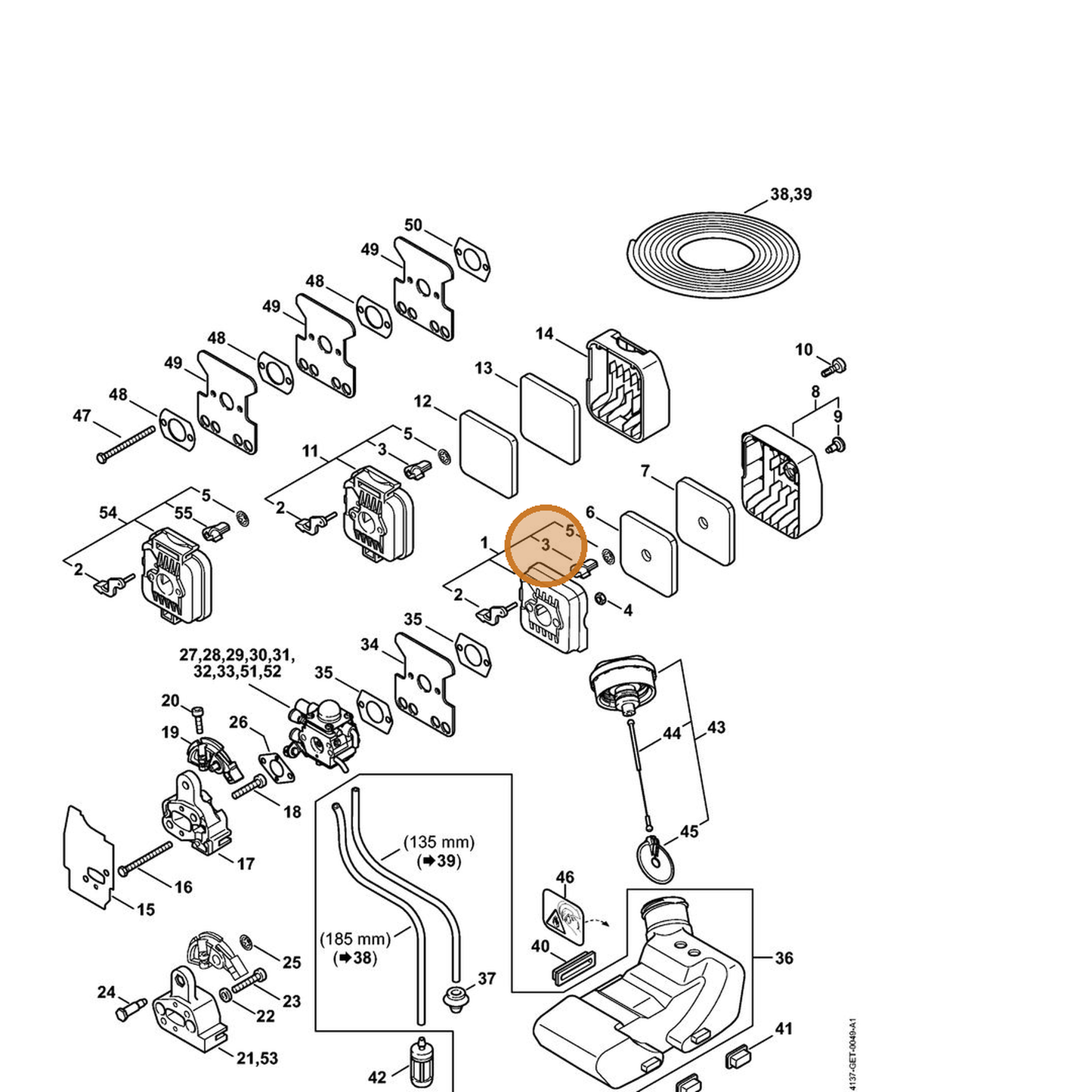 STIHL part 4137-141-3801 — IPL diagram snippet (6x zoom, amber highlight)