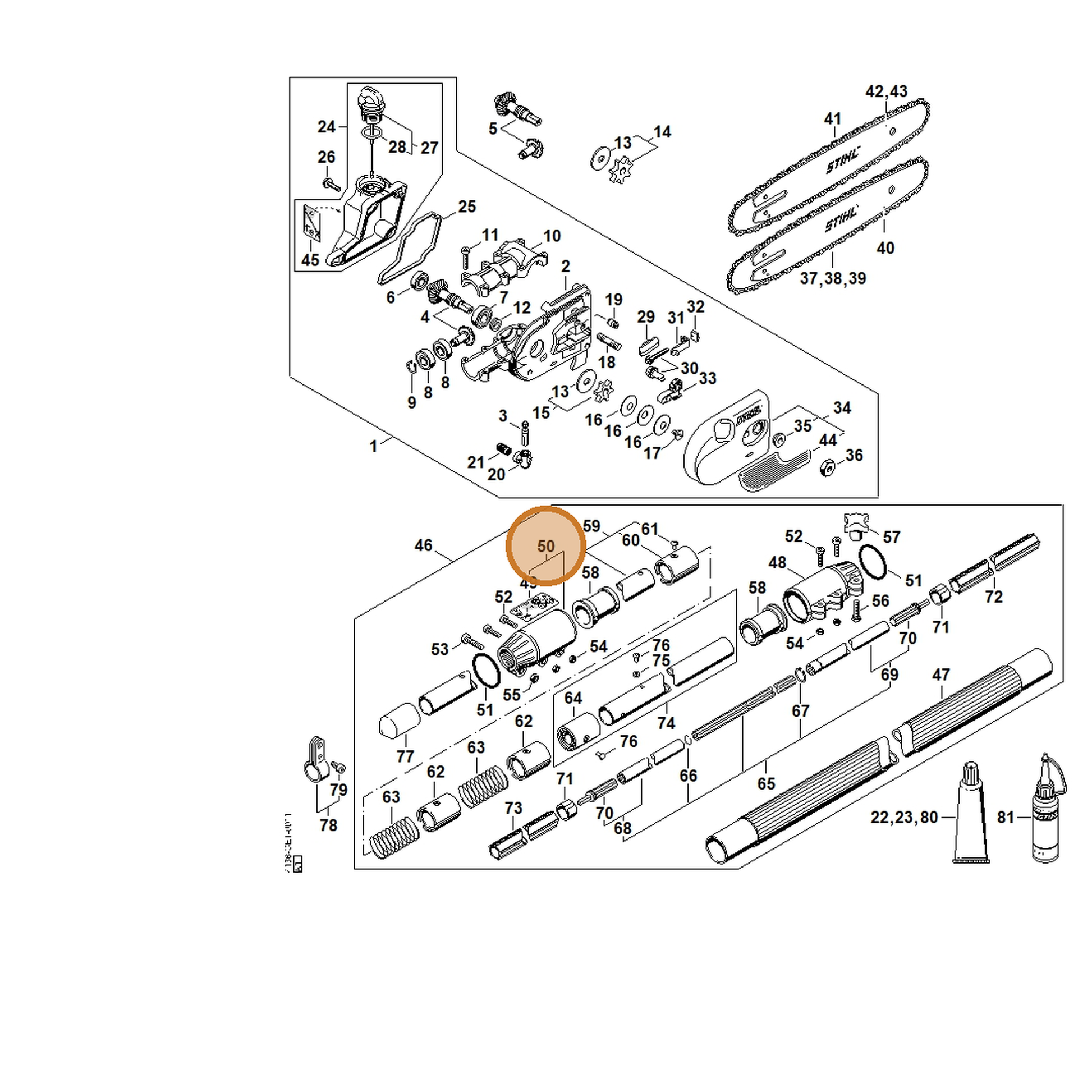 STIHL part 4138-740-3702 — IPL diagram snippet (6x zoom, amber highlight)