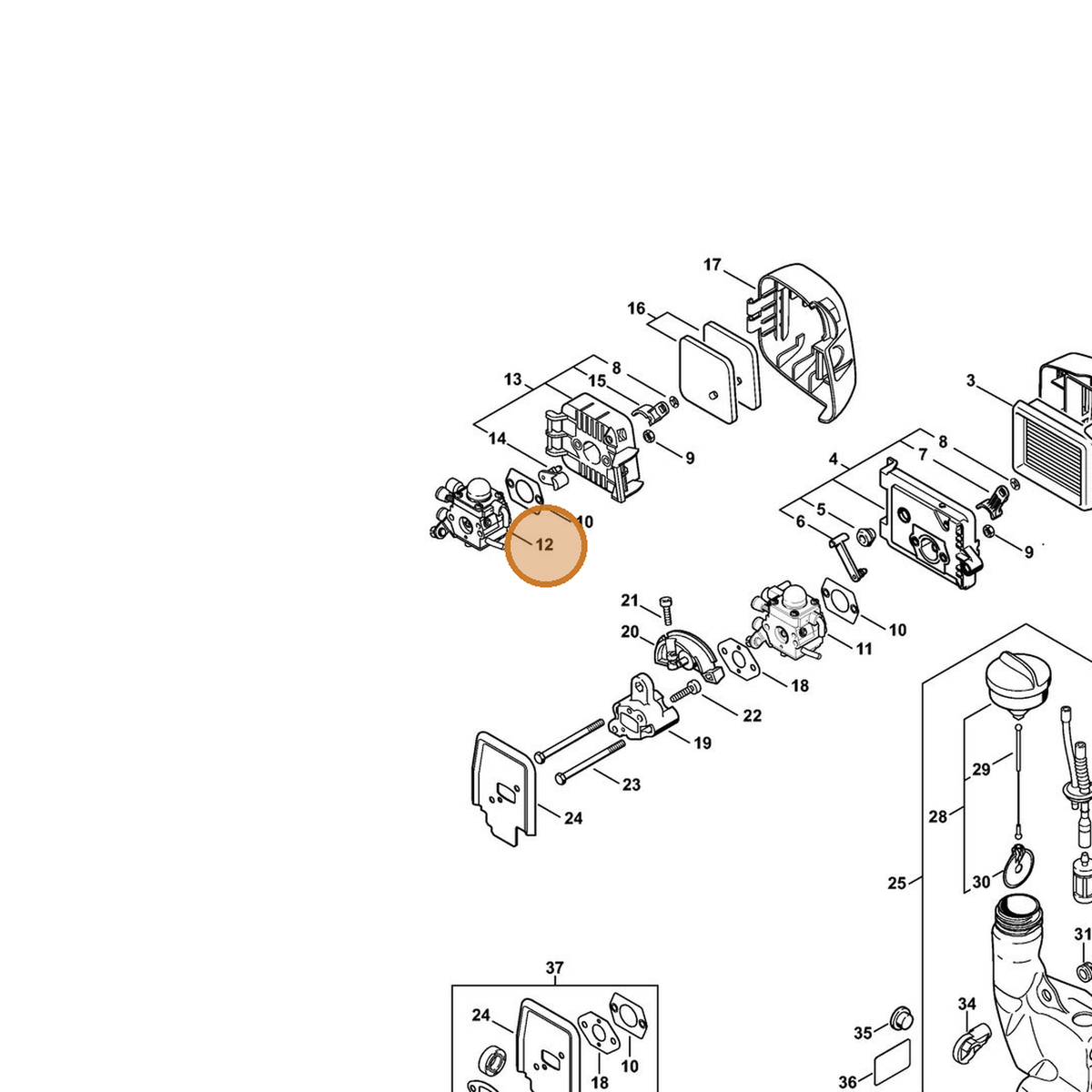 STIHL part 4140-120-0607 — IPL diagram snippet (6x zoom, amber highlight)