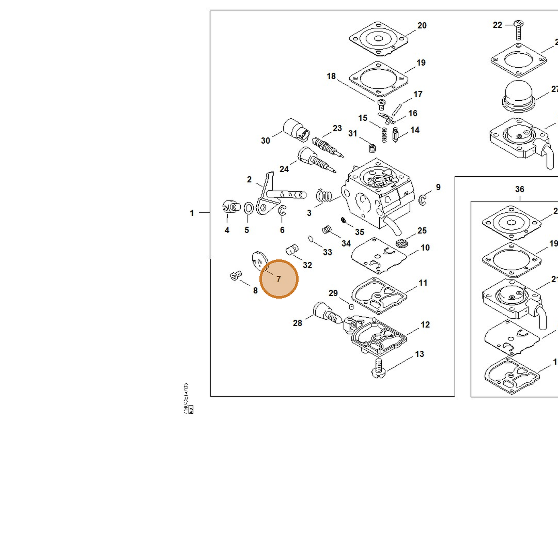 STIHL part 4140-121-3302 — IPL diagram snippet (6x zoom, amber highlight)