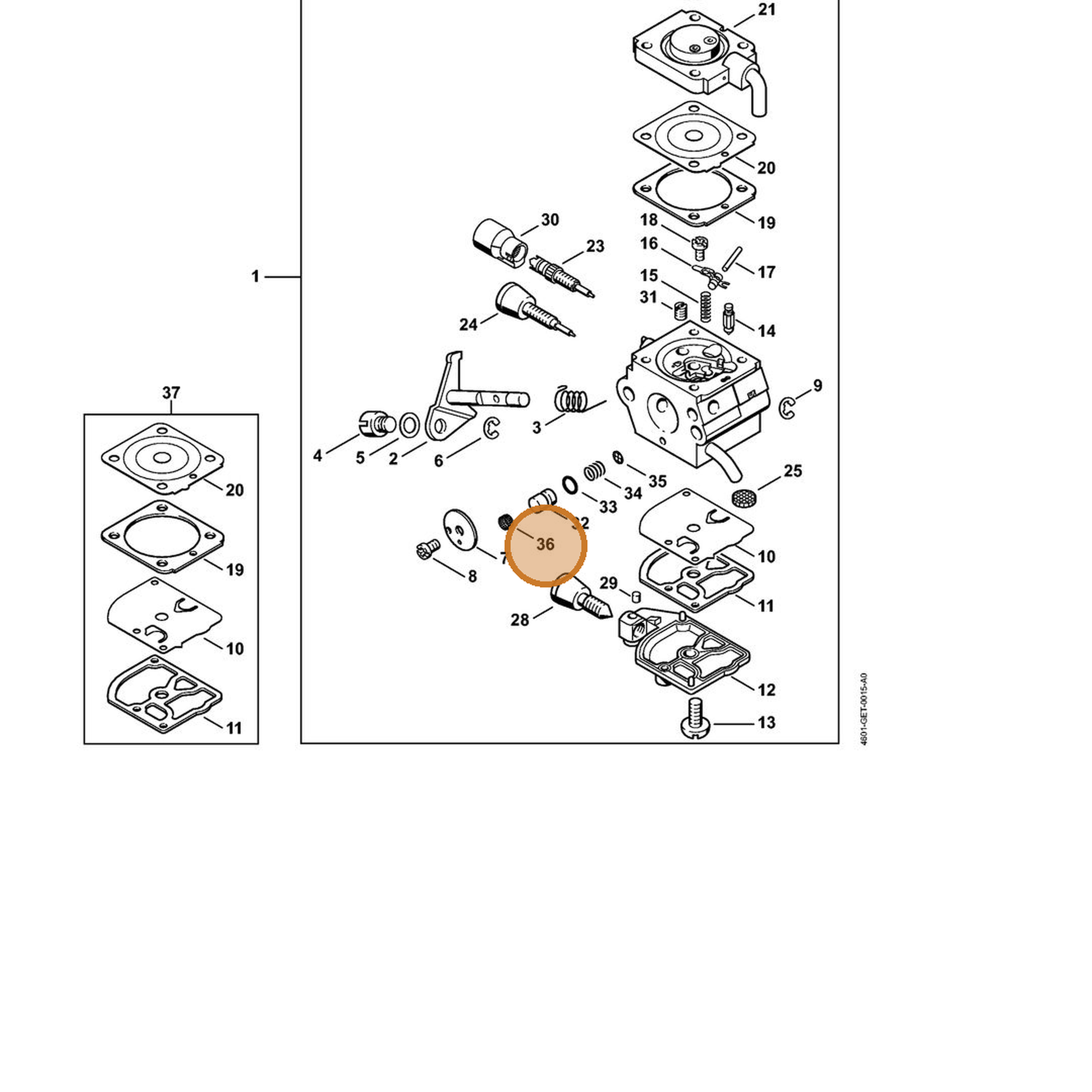 STIHL part 4140-121-7801 — IPL diagram snippet (6x zoom, amber highlight)