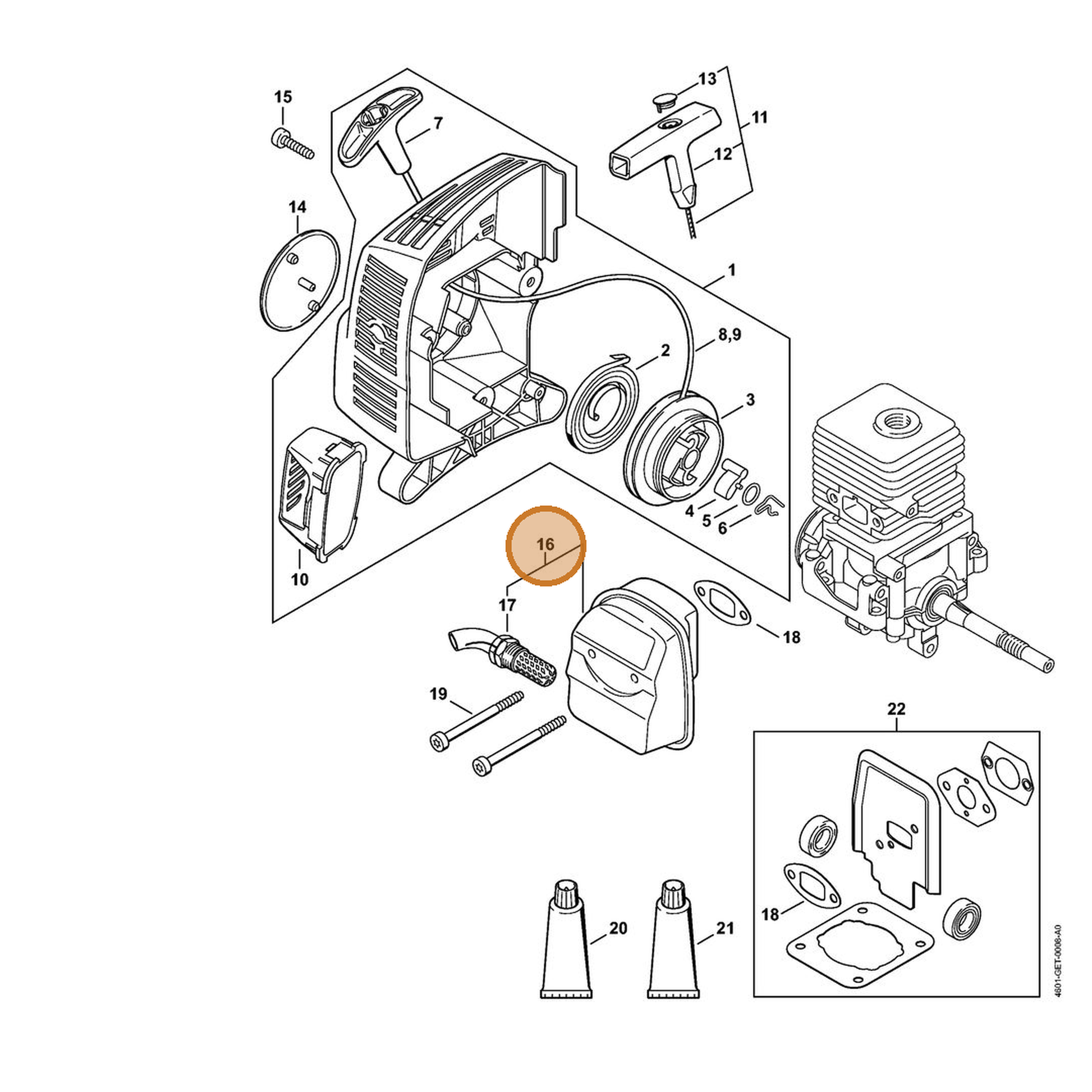 STIHL part 4140-140-0607 — IPL diagram snippet (6x zoom, amber highlight)