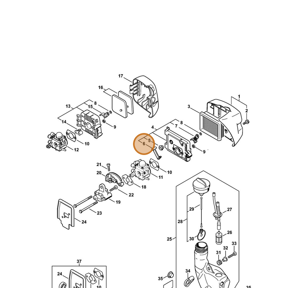 STIHL part 4140-141-3701 — IPL diagram snippet (6x zoom, amber highlight)