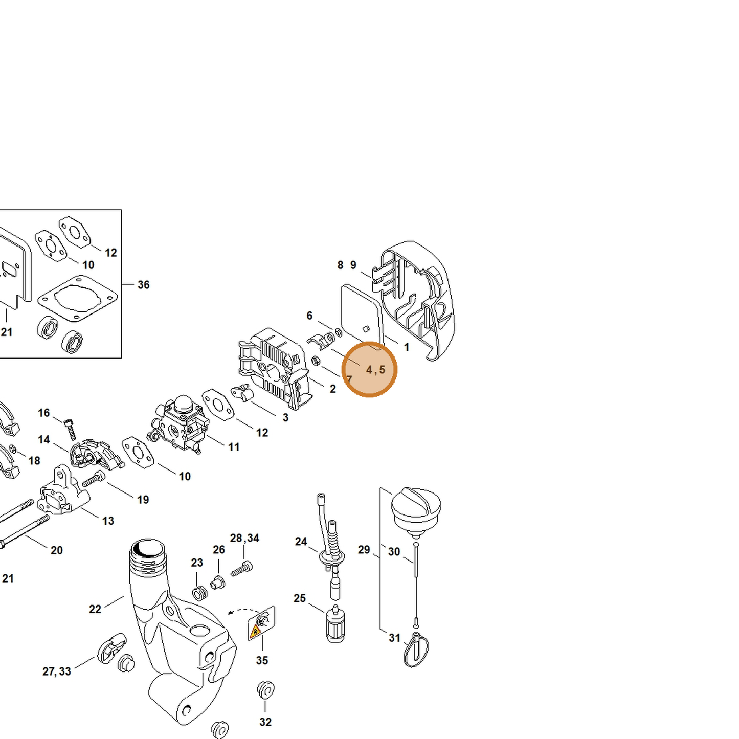 STIHL part 4140-141-3801 — IPL diagram snippet (6x zoom, amber highlight)