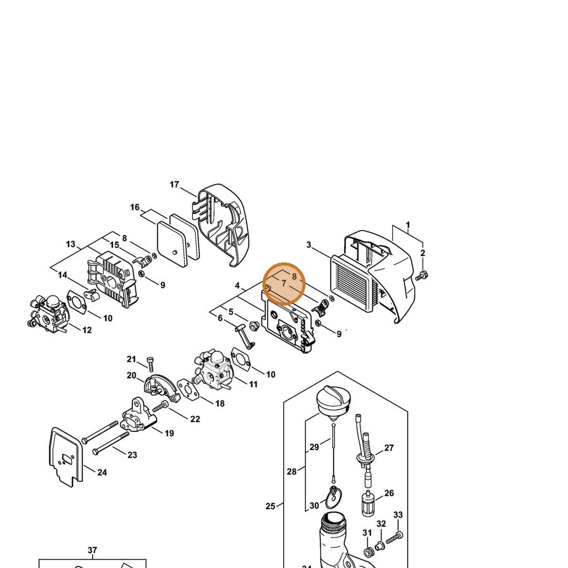 STIHL part 4140-141-3802 — IPL diagram snippet (6x zoom, amber highlight)