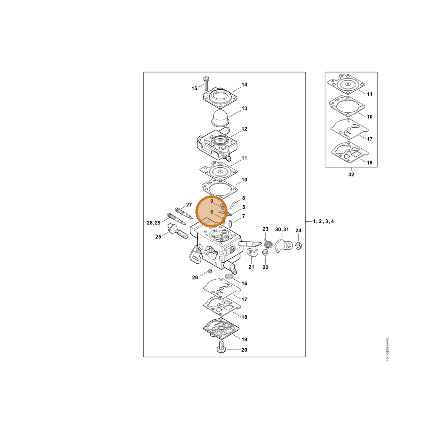 STIHL part 4147-122-3000 — IPL diagram snippet (6x zoom, amber highlight)