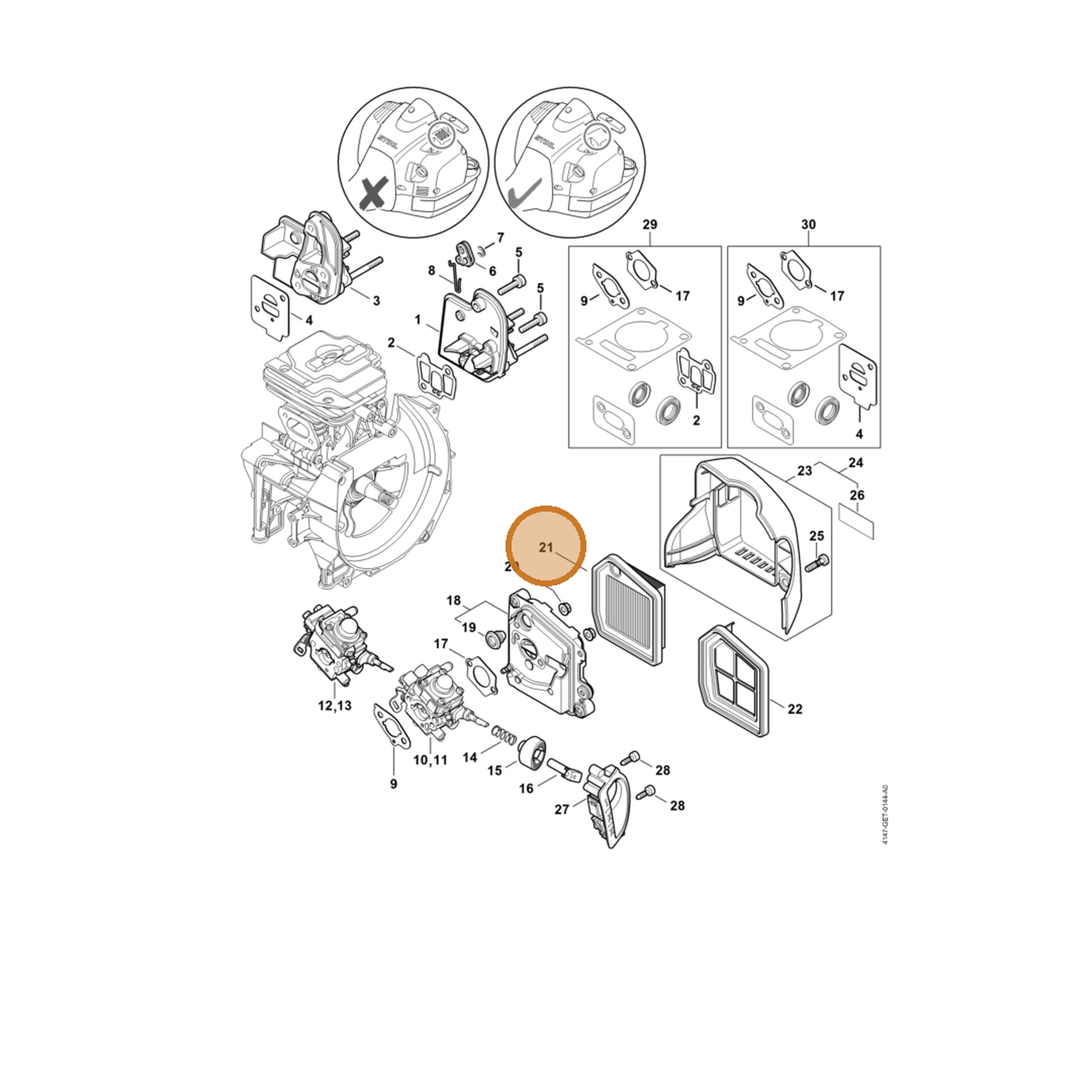 STIHL part 4147-141-0300 — IPL diagram snippet (6x zoom, amber highlight)