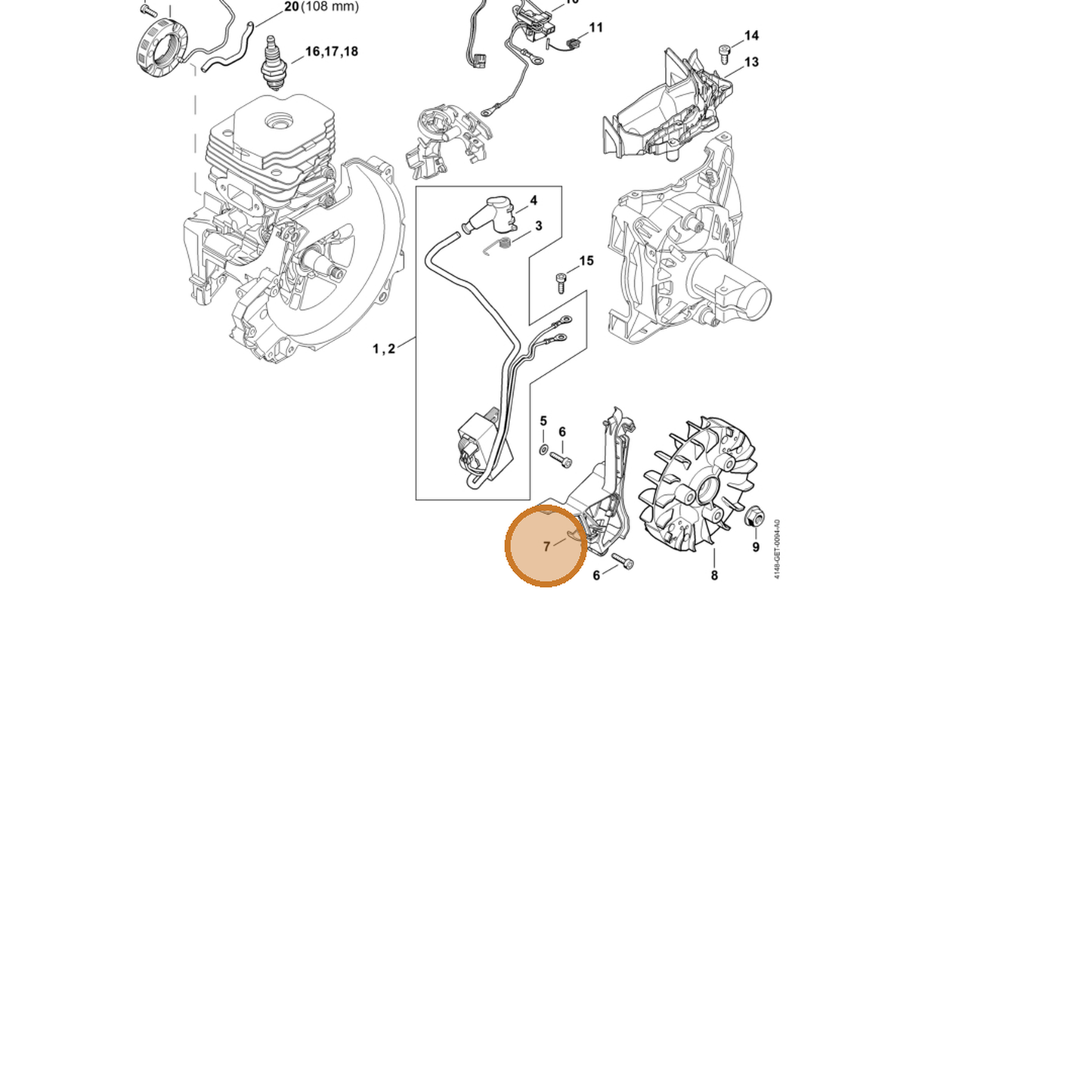 STIHL part 4148-352-3000 — IPL diagram snippet (6x zoom, amber highlight)