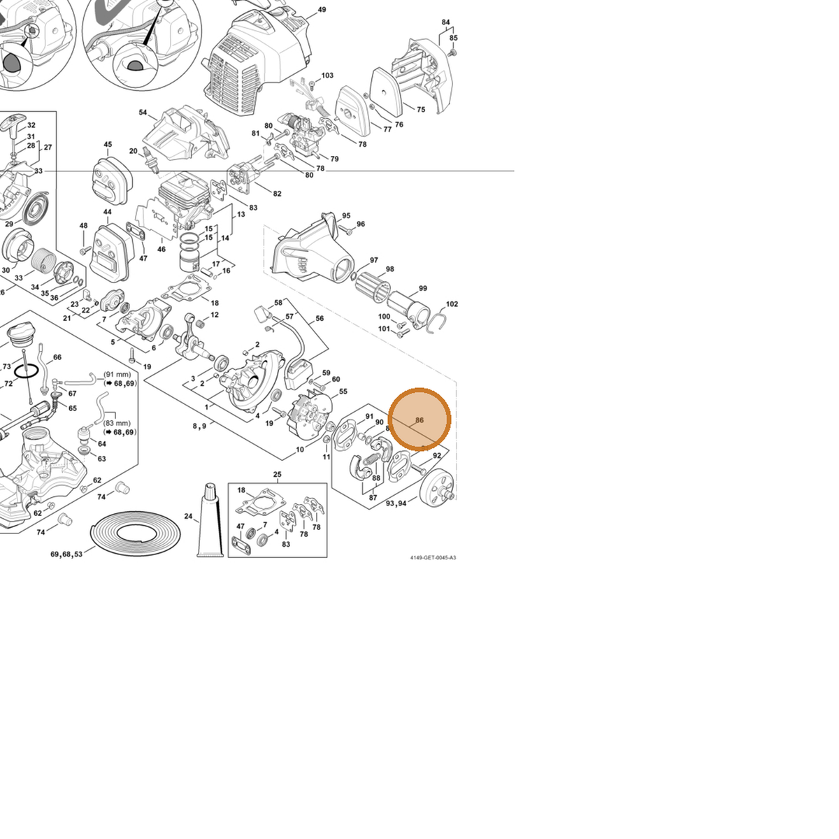 STIHL part 4149-160-2250 — IPL diagram snippet (6x zoom, amber highlight)
