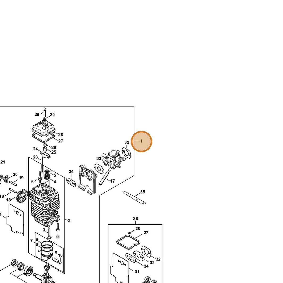STIHL part 4180-020-0204 — IPL diagram snippet (6x zoom, amber highlight)