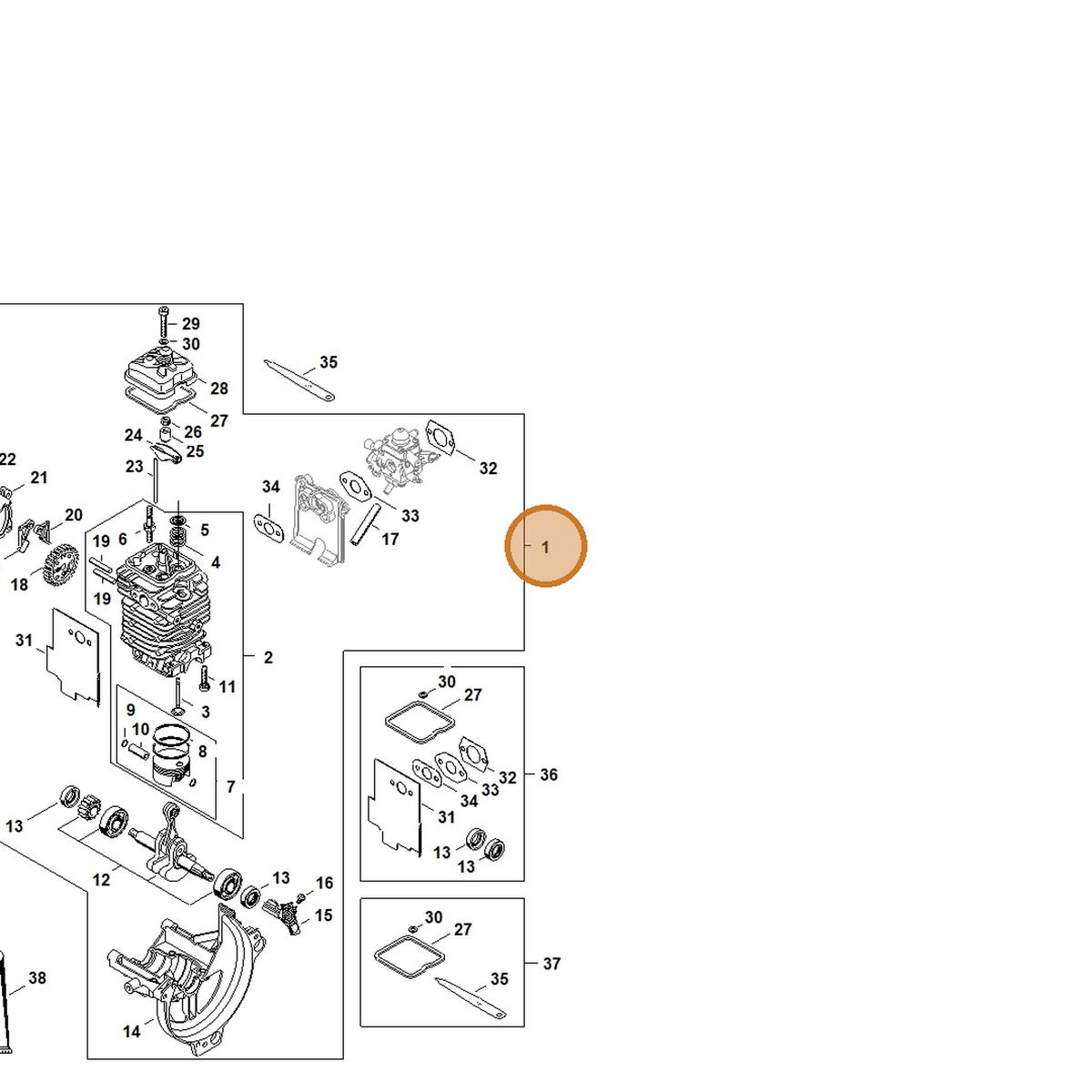 STIHL part 4180-020-0205 — IPL diagram snippet (6x zoom, amber highlight)
