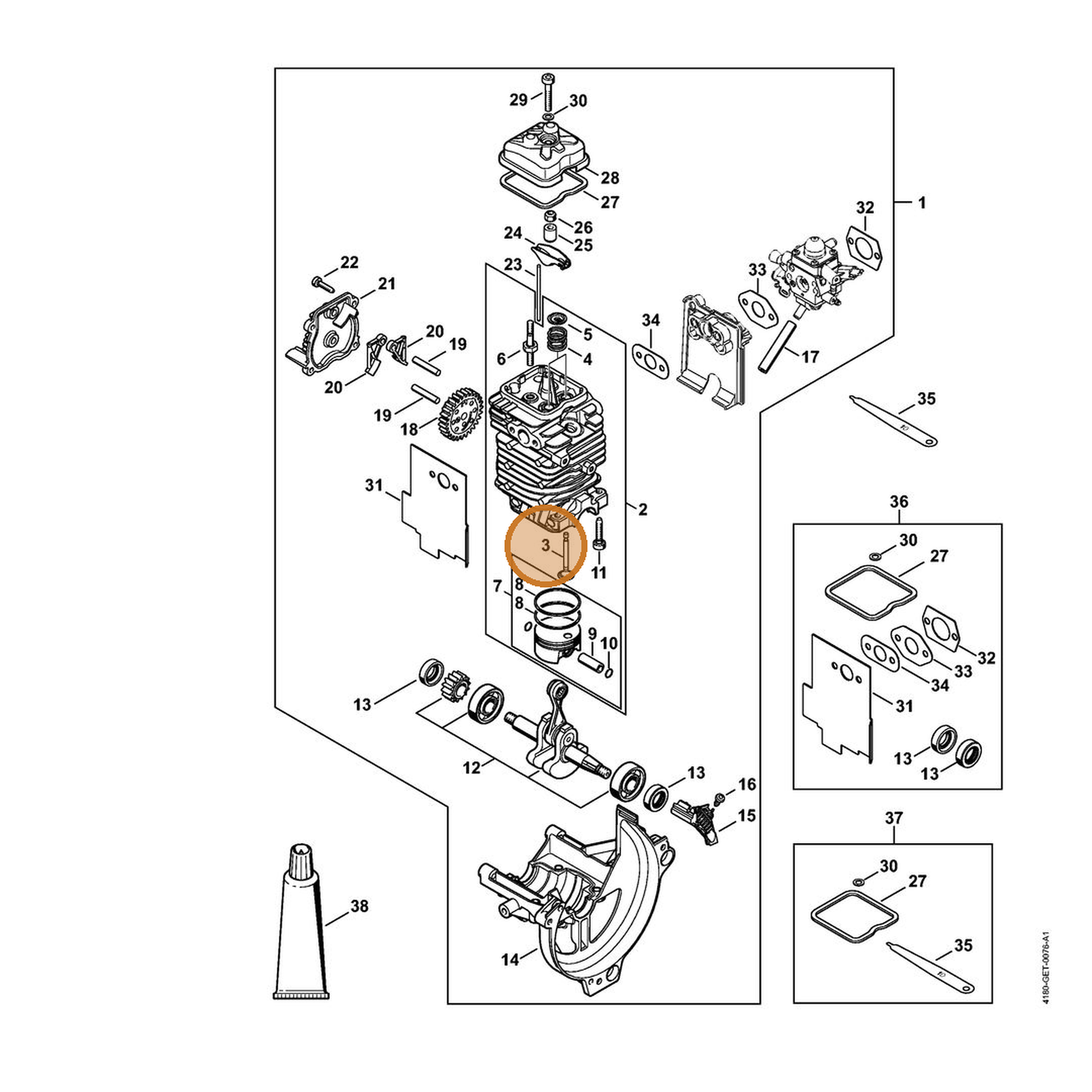 STIHL part 4180-025-2010 — IPL diagram snippet (6x zoom, amber highlight)