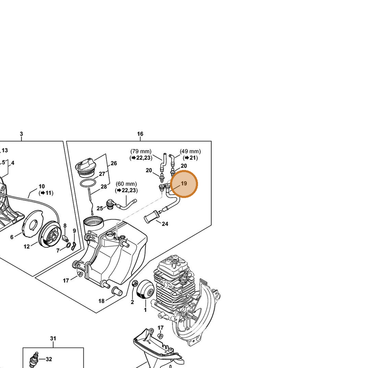 STIHL part 4180-358-7702 — IPL diagram snippet (6x zoom, amber highlight)