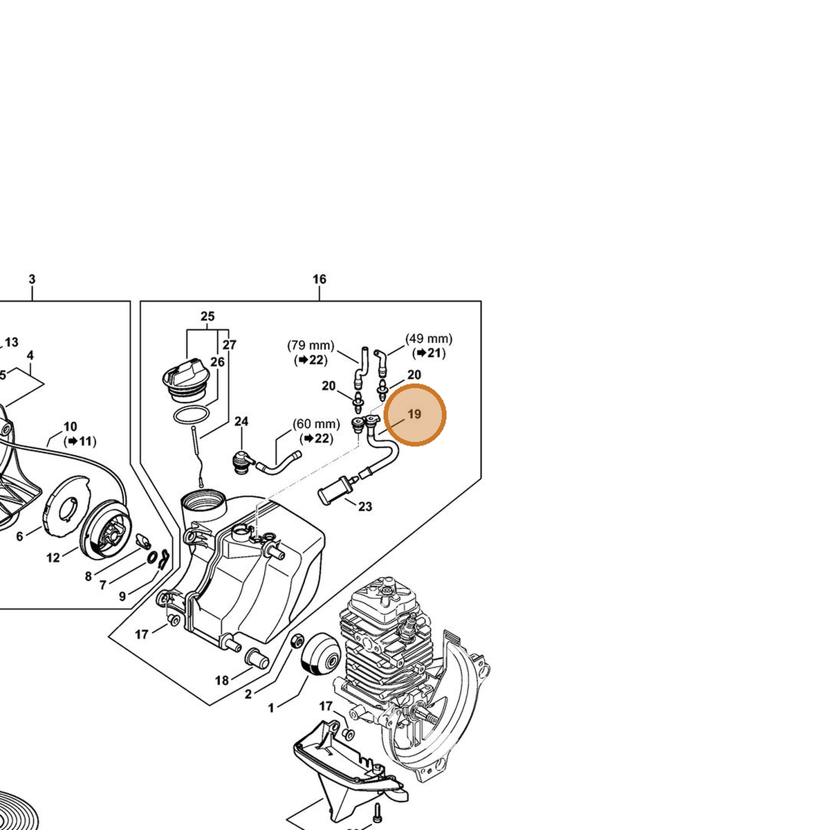 STIHL part 4182-358-7701 — IPL diagram snippet (6x zoom, amber highlight)