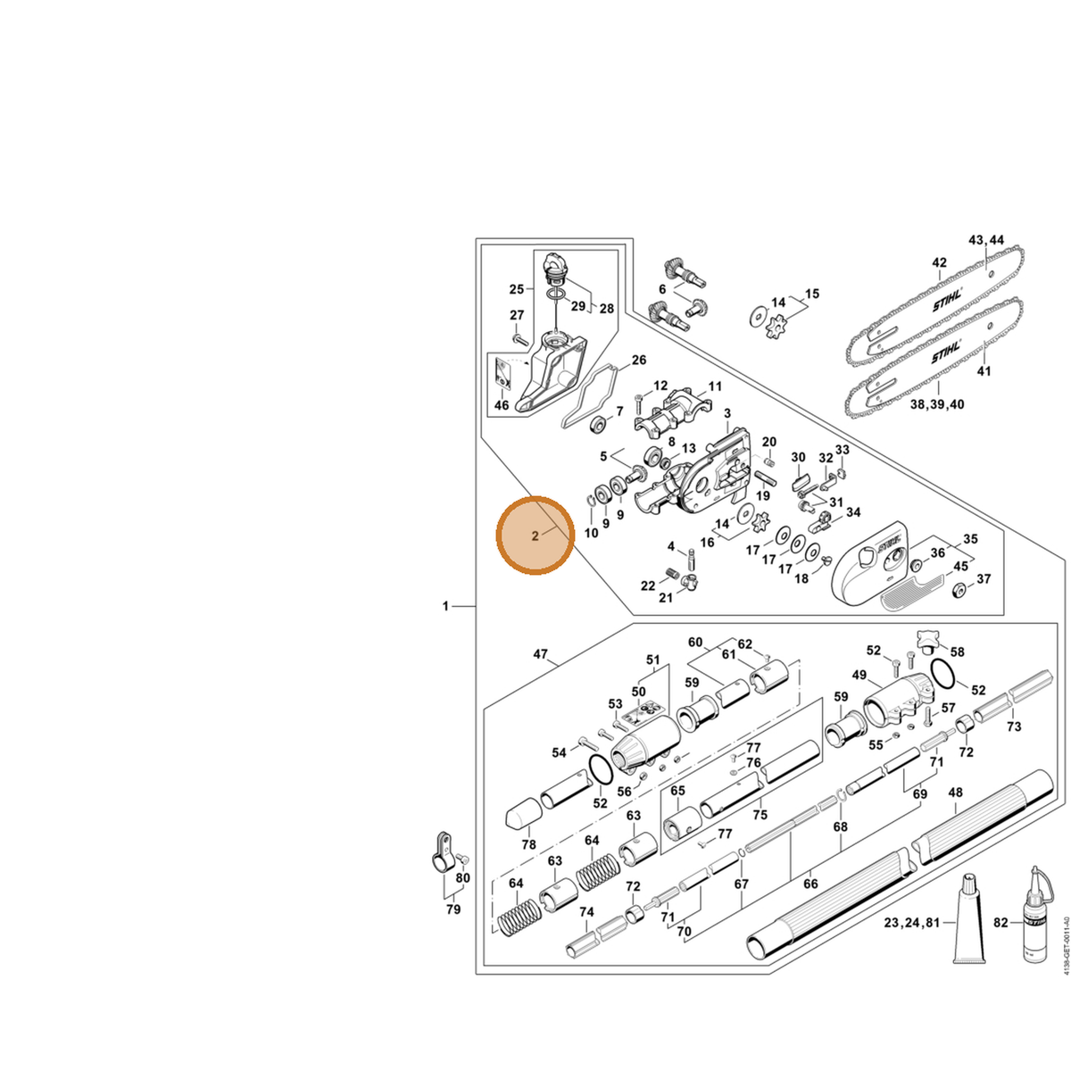 STIHL part 4182-640-0138 — IPL diagram snippet (6x zoom, amber highlight)