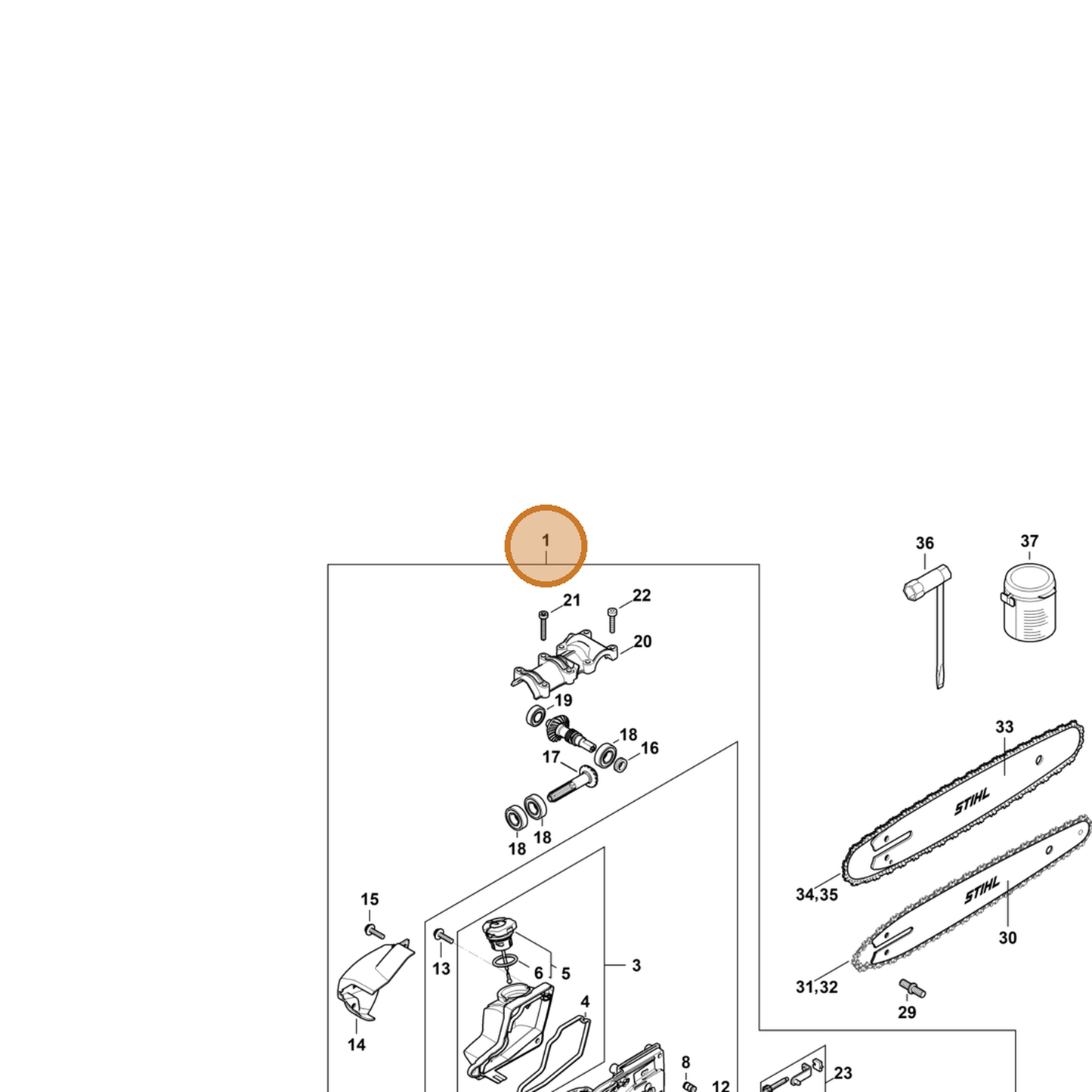 STIHL part 4182-640-0145 — IPL diagram snippet (6x zoom, amber highlight)