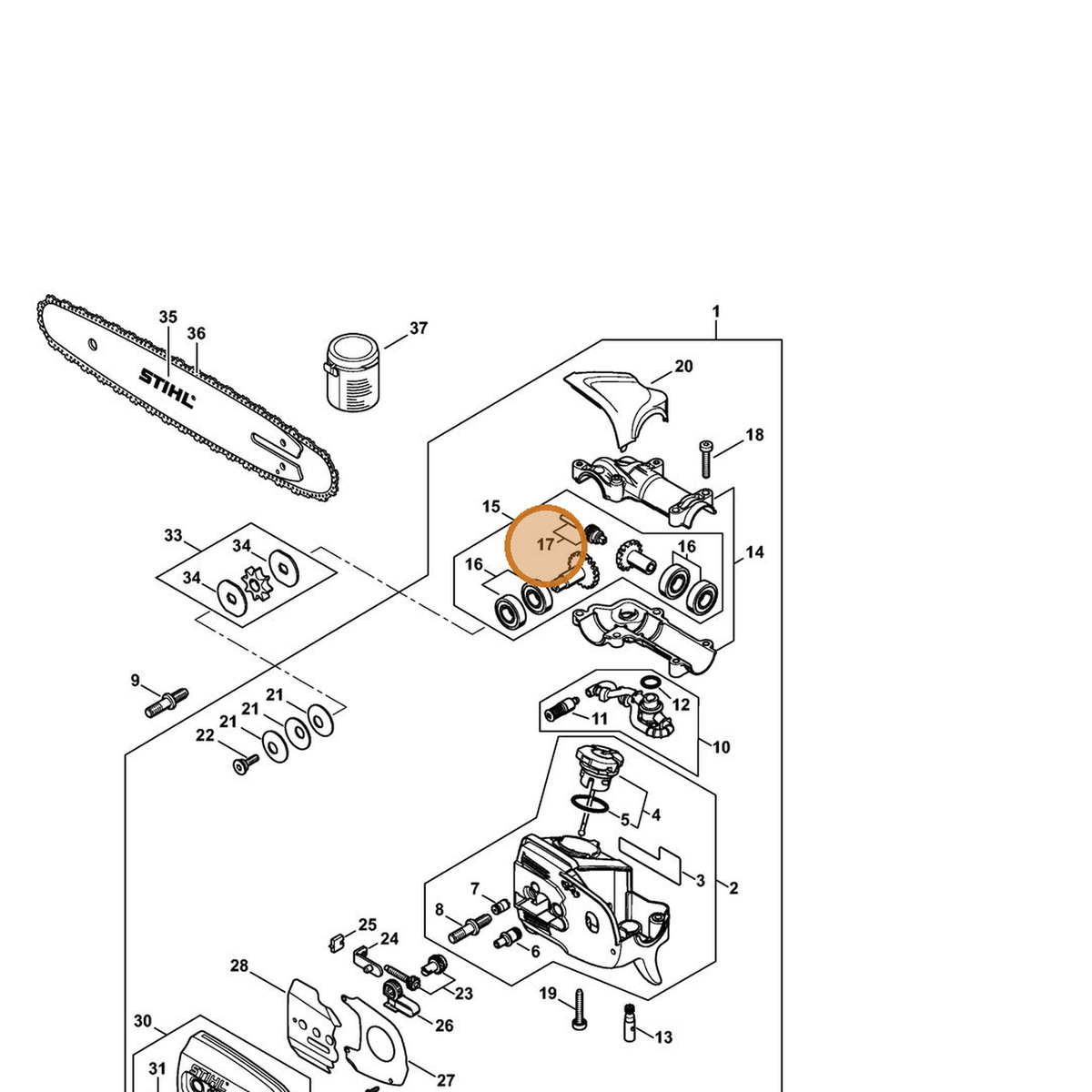 STIHL part 4182-640-7100 — IPL diagram snippet (6x zoom, amber highlight)