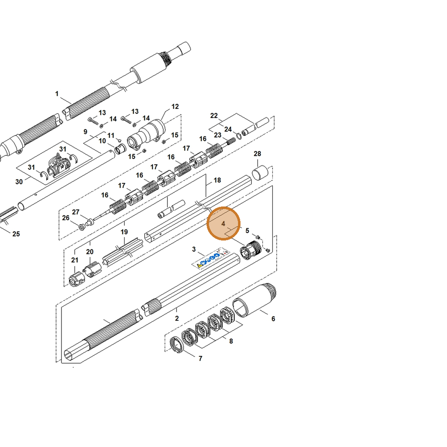 STIHL part 4182-740-3722 — IPL diagram snippet (6x zoom, amber highlight)