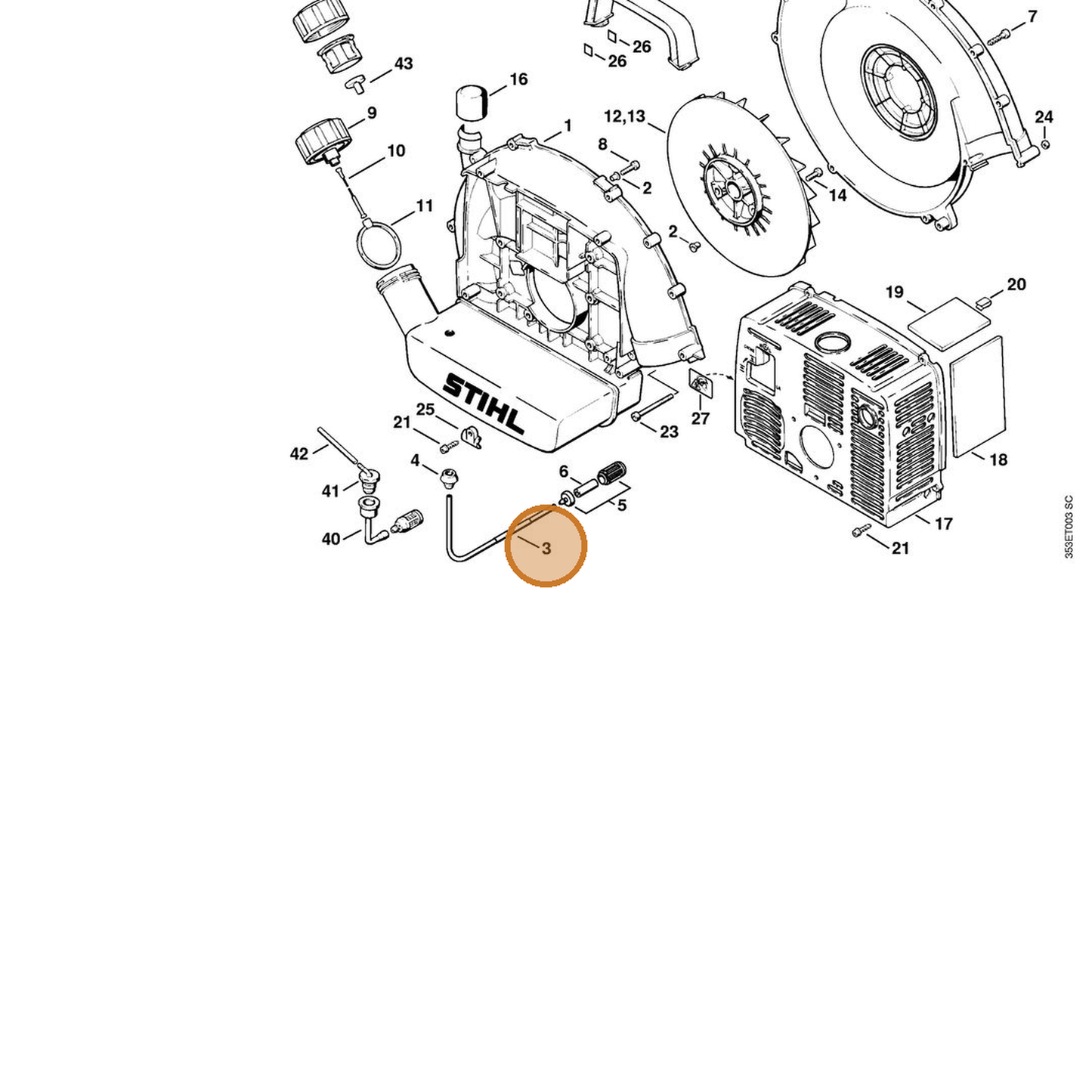STIHL part 4203-350-7600 — IPL diagram snippet (6x zoom, amber highlight)