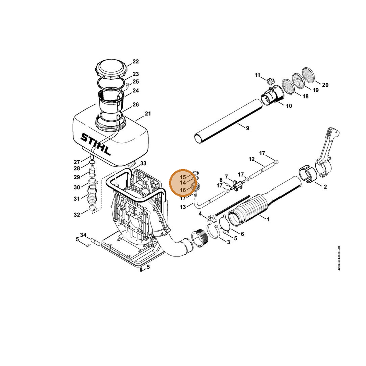 STIHL part 4203-358-7400 — IPL diagram snippet (6x zoom, amber highlight)