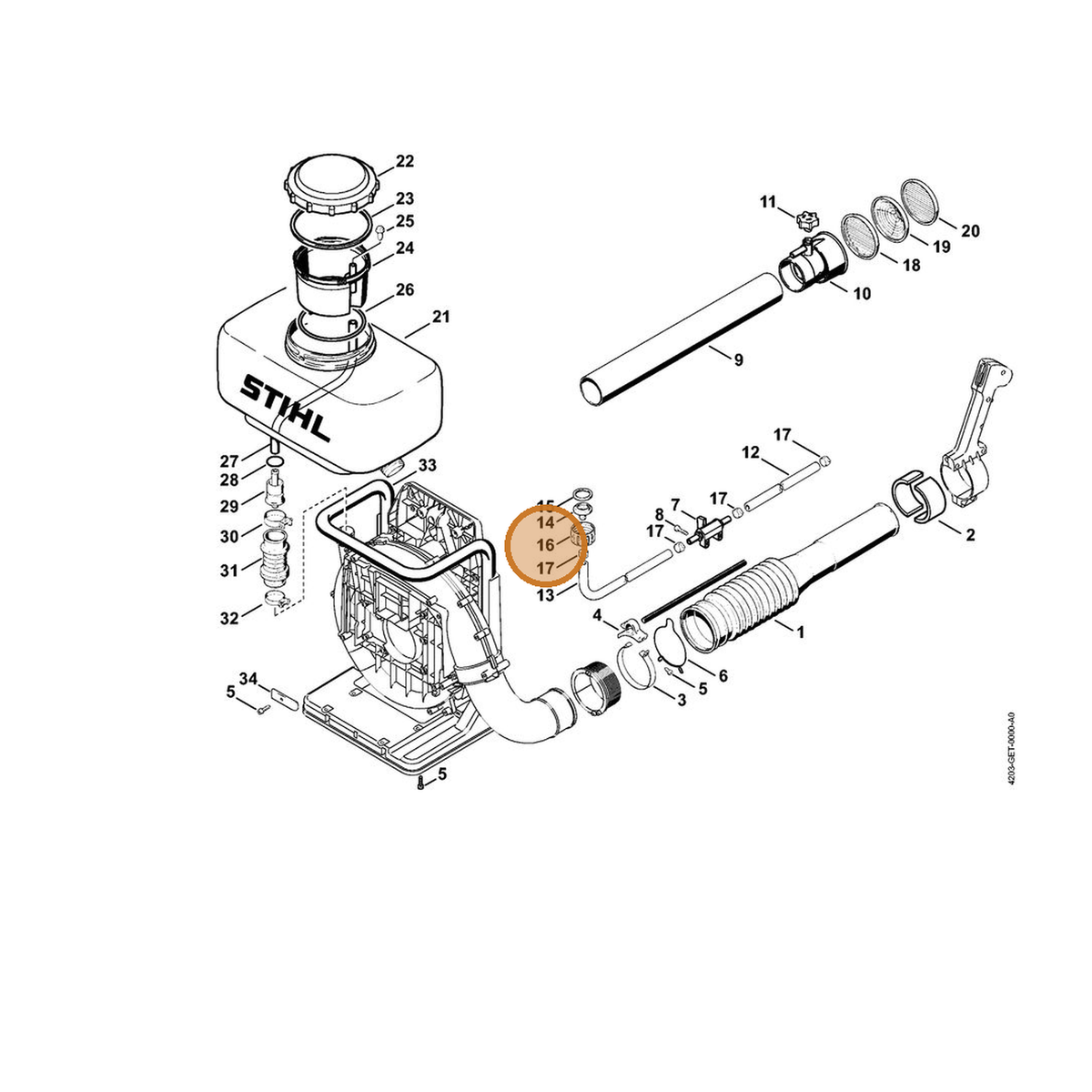 STIHL part 4203-708-3100 — IPL diagram snippet (6x zoom, amber highlight)