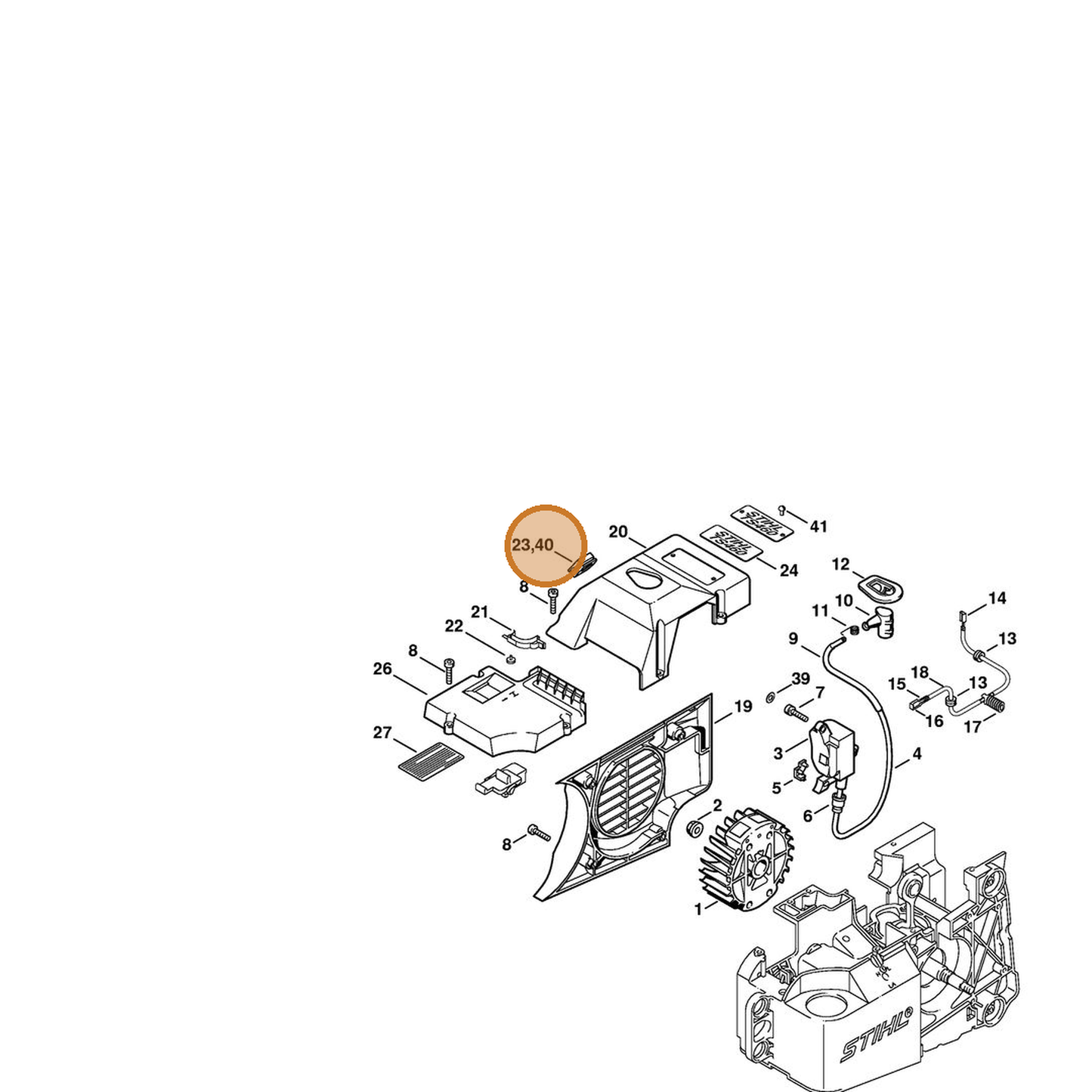 STIHL part 4221-084-7100 — IPL diagram snippet (6x zoom, amber highlight)