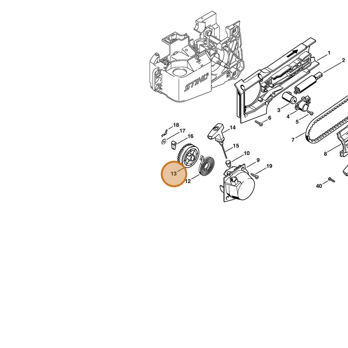 STIHL part 4224-190-1001 — IPL diagram snippet (6x zoom, amber highlight)