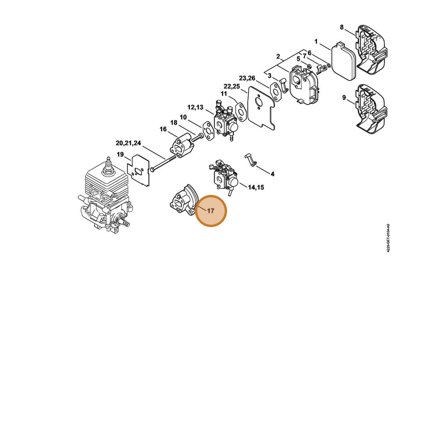 STIHL part 4229-121-1600 — IPL diagram snippet (6x zoom, amber highlight)