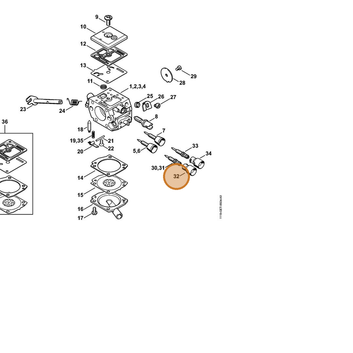 STIHL part 4229-121-2701 — IPL diagram snippet (6x zoom, amber highlight)