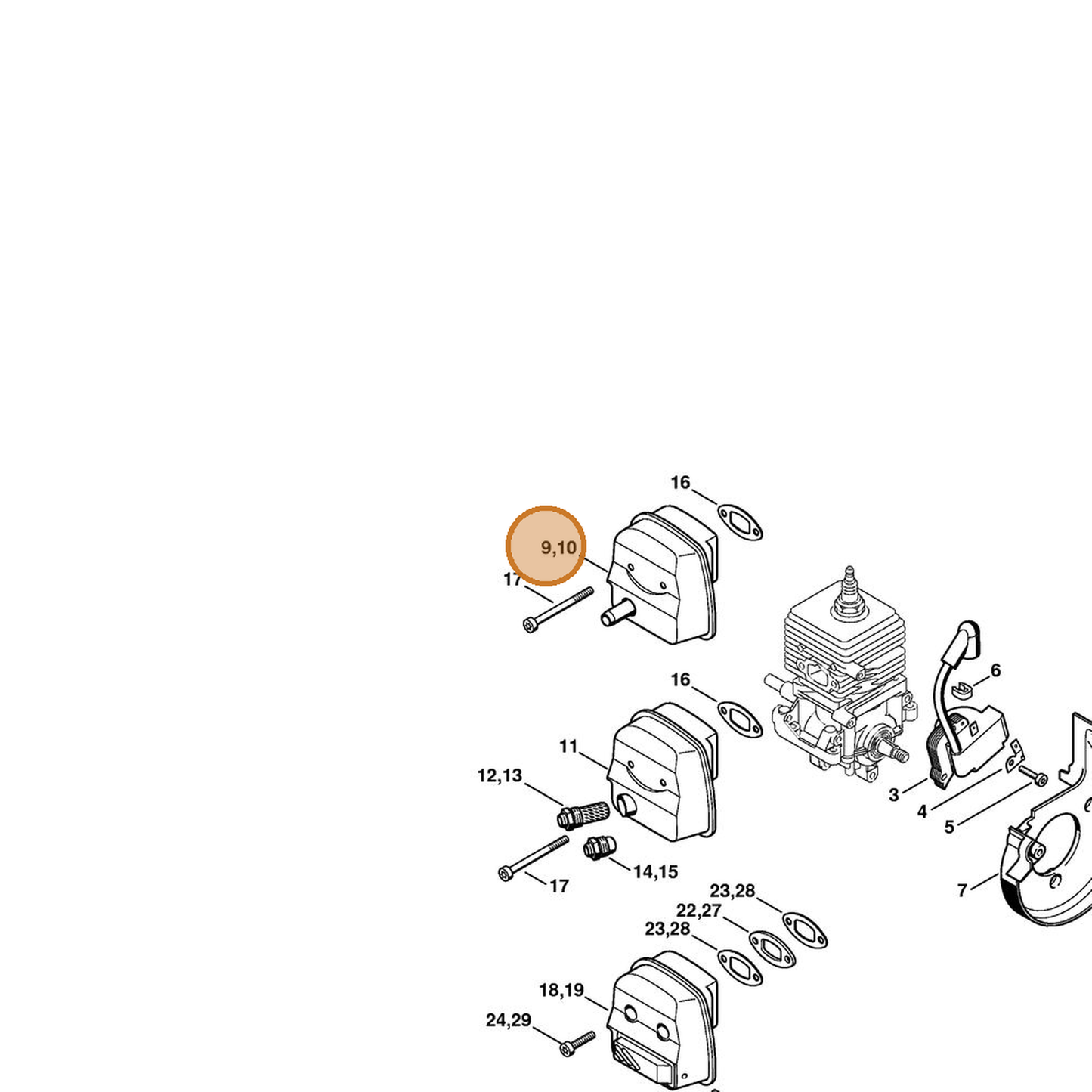 STIHL part 4229-140-0607 — IPL diagram snippet (6x zoom, amber highlight)