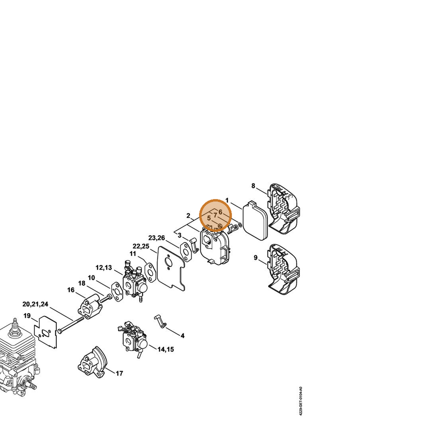 STIHL part 4229-141-3800 — IPL diagram snippet (6x zoom, amber highlight)