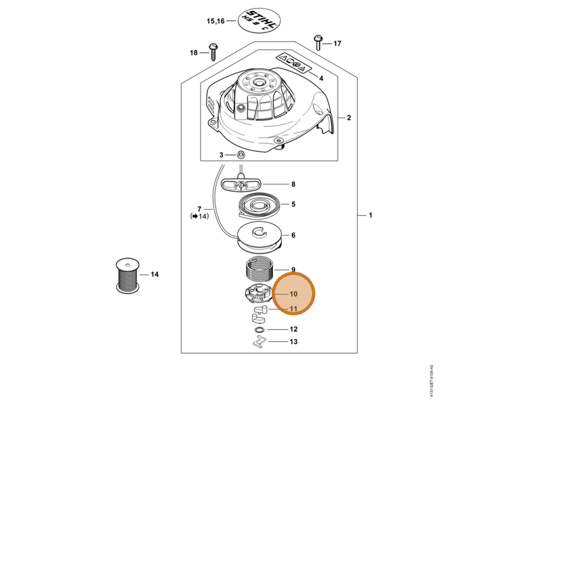 STIHL part 4237-195-2001 — IPL diagram snippet (6x zoom, amber highlight)
