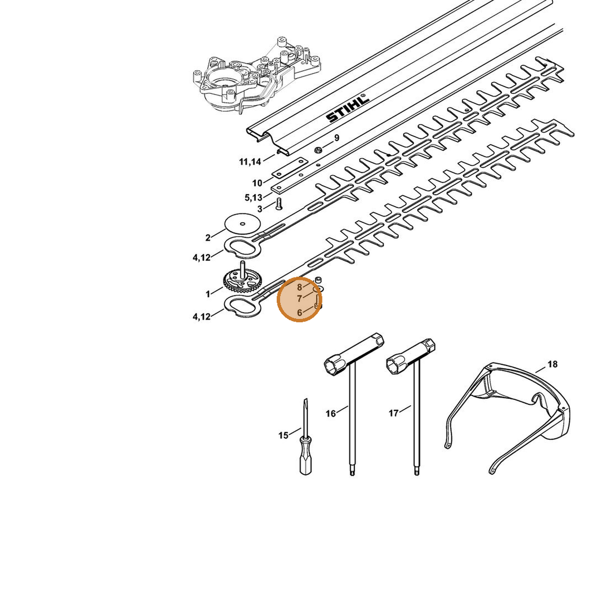 STIHL part 4237-958-0500 — IPL diagram snippet (6x zoom, amber highlight)