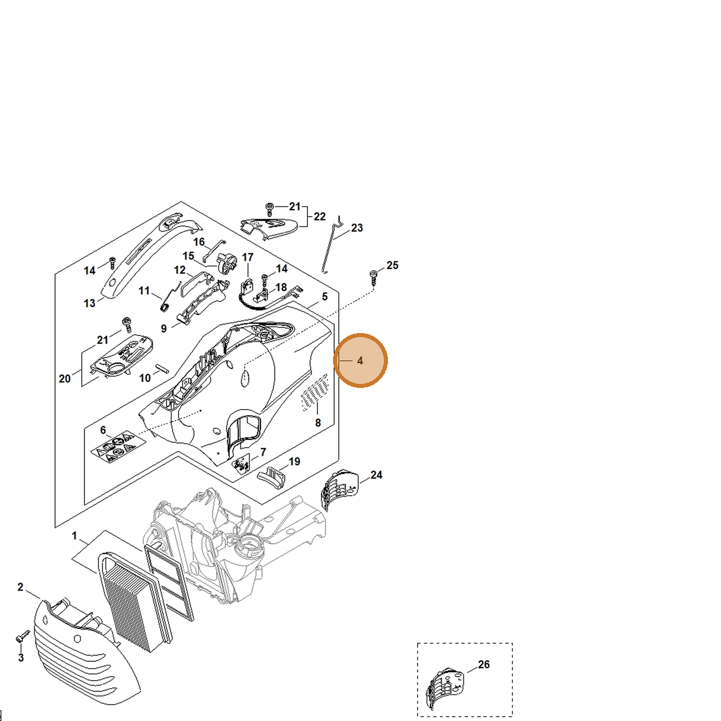 STIHL part 4238-080-1614 — IPL diagram snippet (6x zoom, amber highlight)