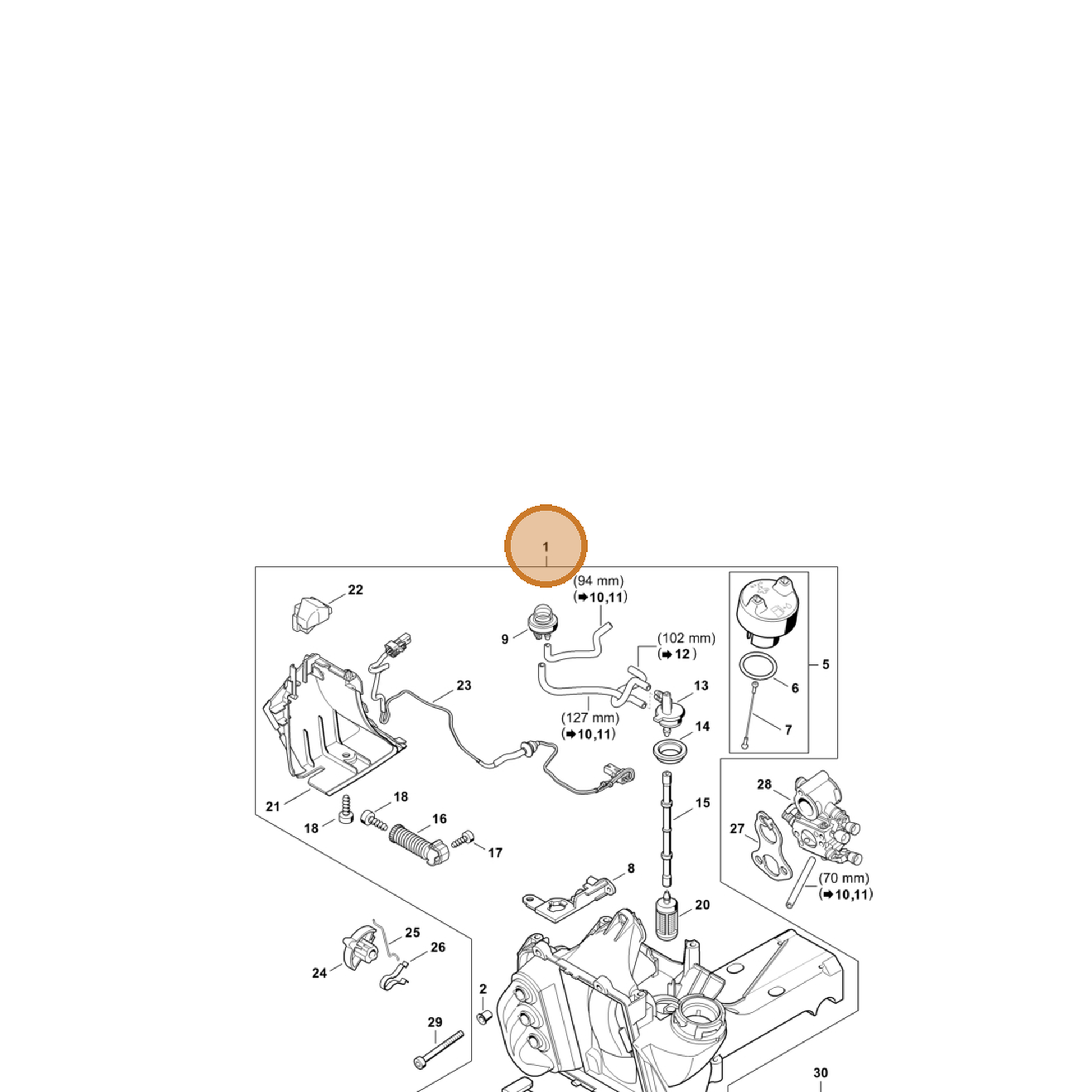 STIHL part 4238-350-0807 — IPL diagram snippet (6x zoom, amber highlight)
