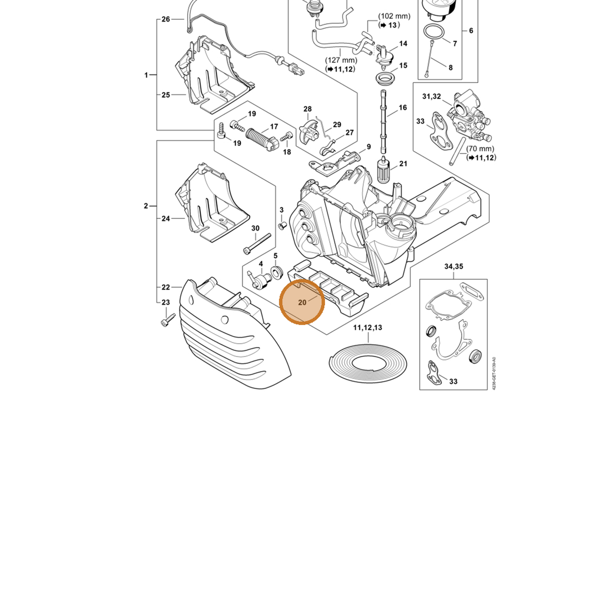 STIHL part 4238-354-0100 — IPL diagram snippet (6x zoom, amber highlight)