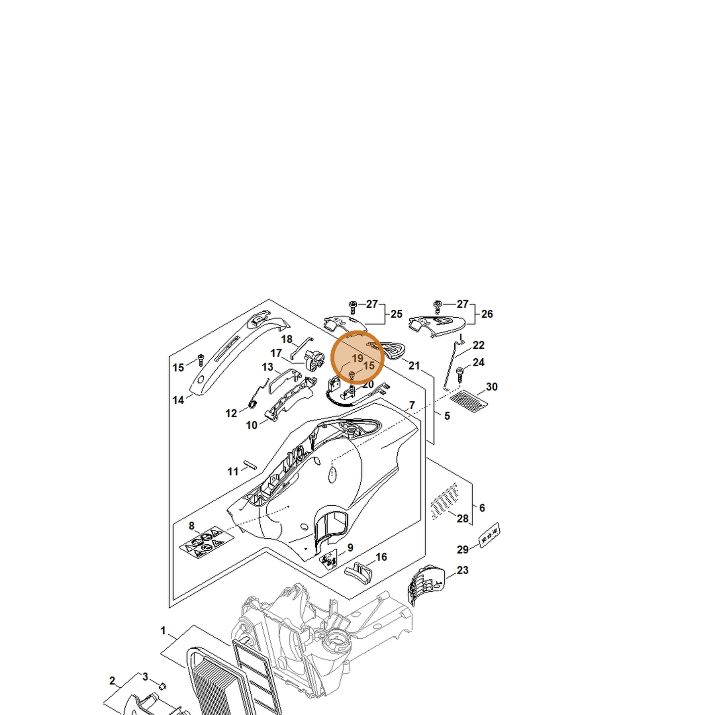 STIHL part 4238-430-0501 — IPL diagram snippet (6x zoom, amber highlight)