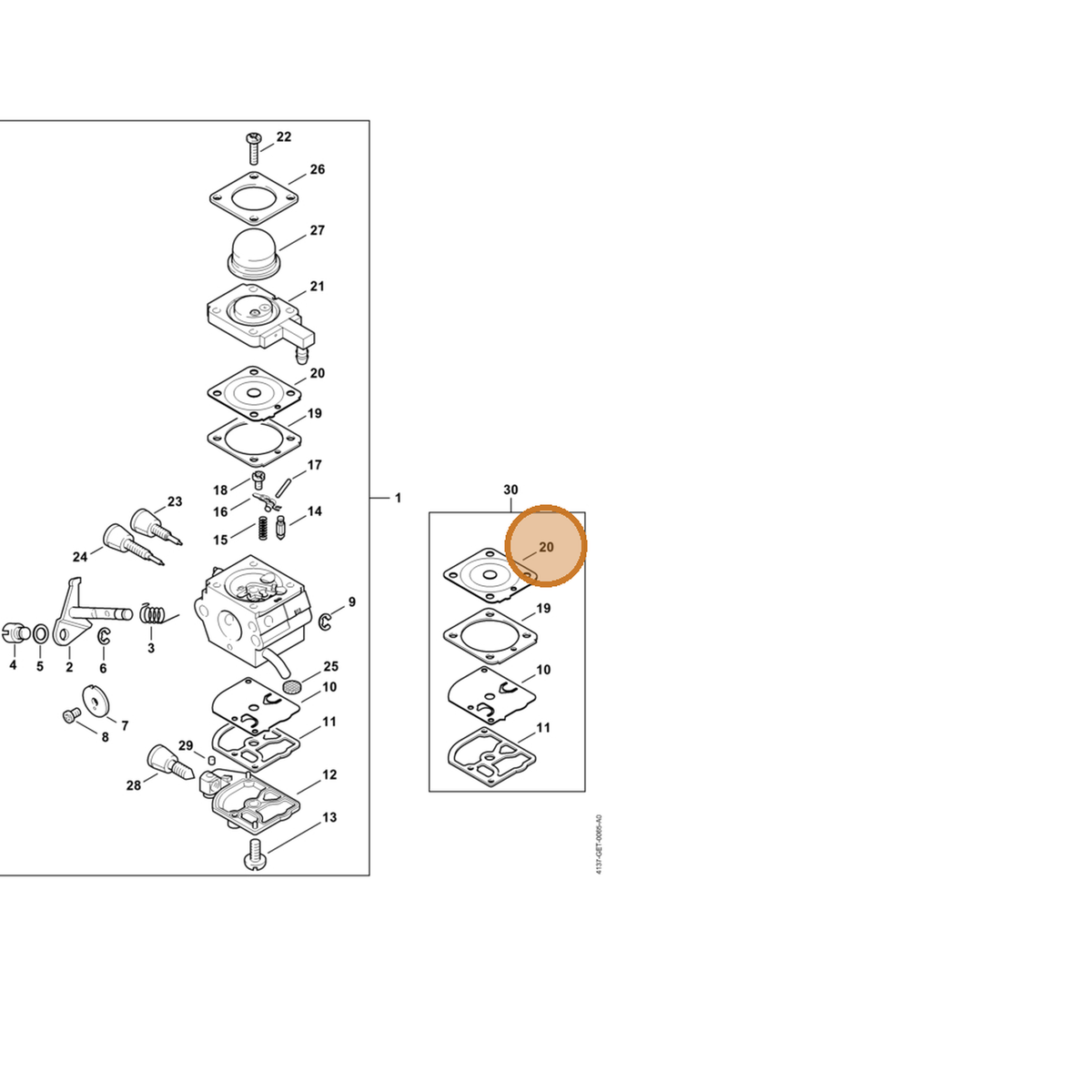 STIHL part 4241-121-4702 — IPL diagram snippet (6x zoom, amber highlight)