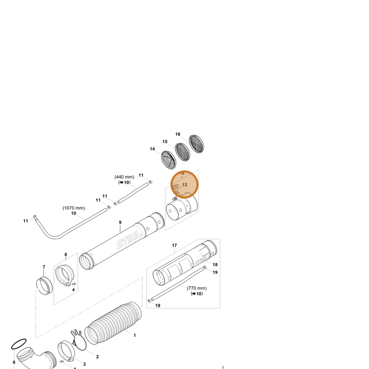 STIHL part 4244-770-0201 — IPL diagram snippet (6x zoom, amber highlight)