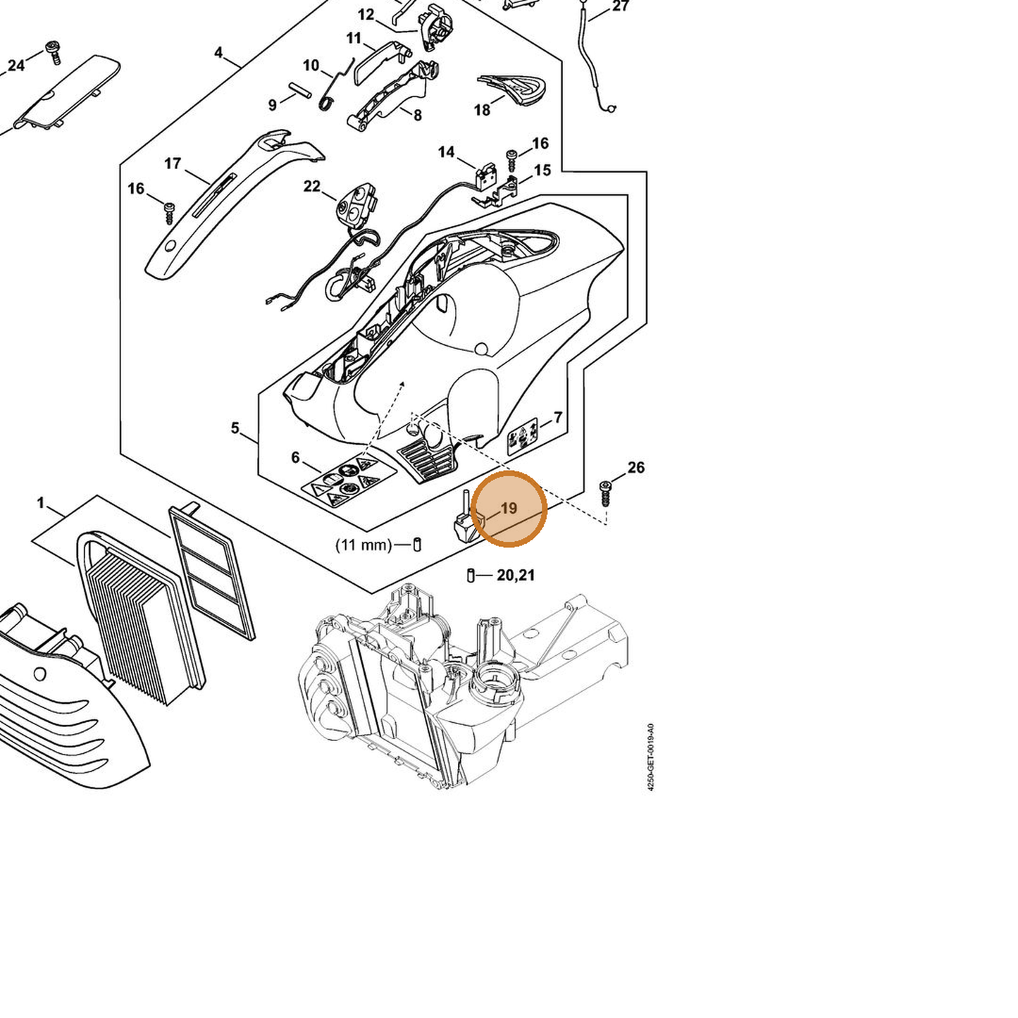 STIHL part 4250-087-8300 — IPL diagram snippet (6x zoom, amber highlight)