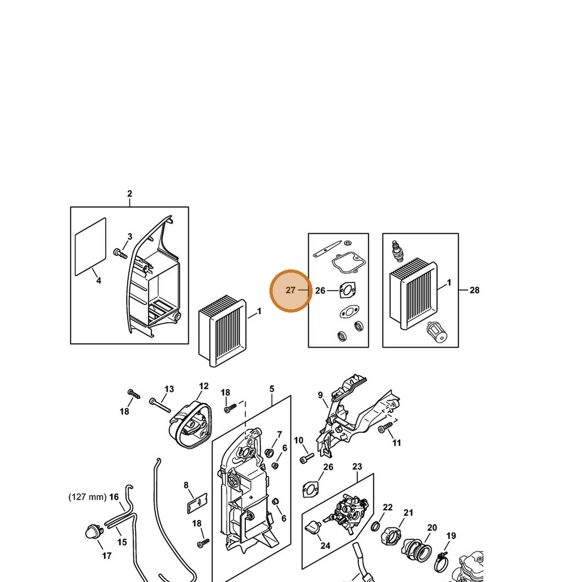 STIHL part 4283-007-1600 — IPL diagram snippet (6x zoom, amber highlight)