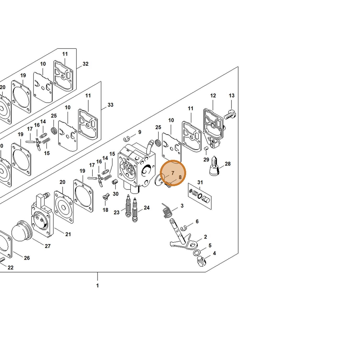 STIHL part 4314-121-3301 — IPL diagram snippet (6x zoom, amber highlight)