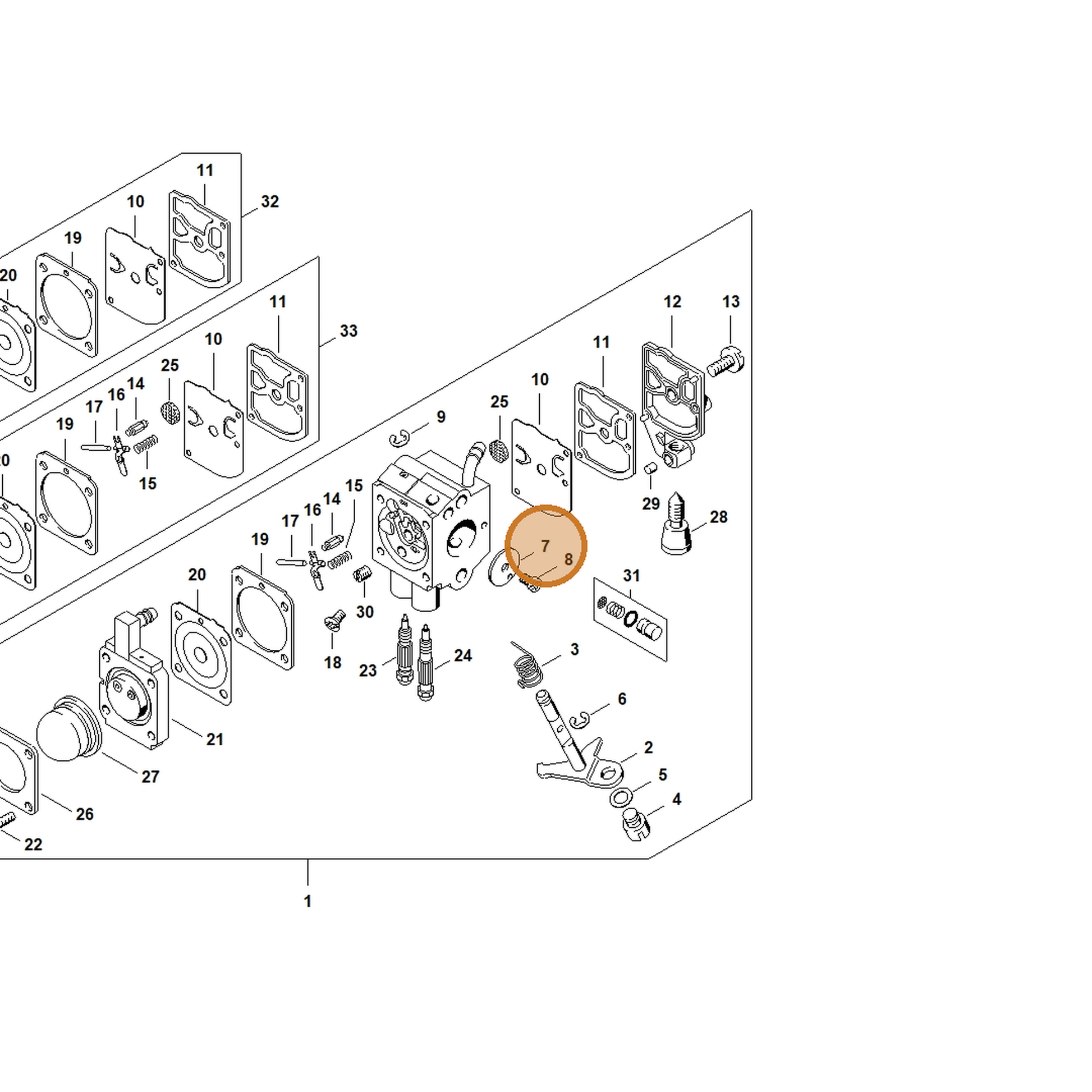 STIHL part 4314-121-3301 — IPL diagram snippet (6x zoom, amber highlight)