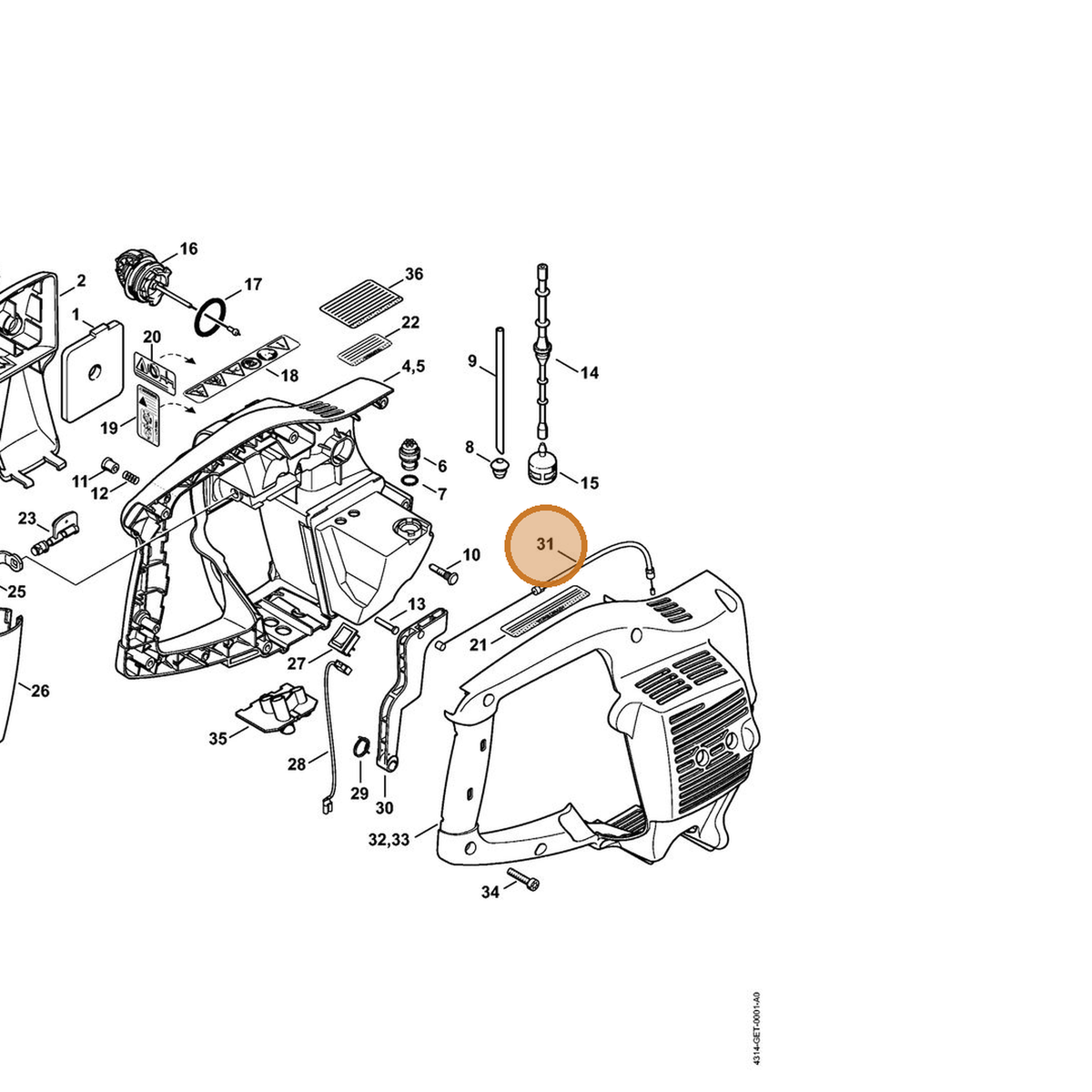 STIHL part 4314-180-1100 — IPL diagram snippet (6x zoom, amber highlight)