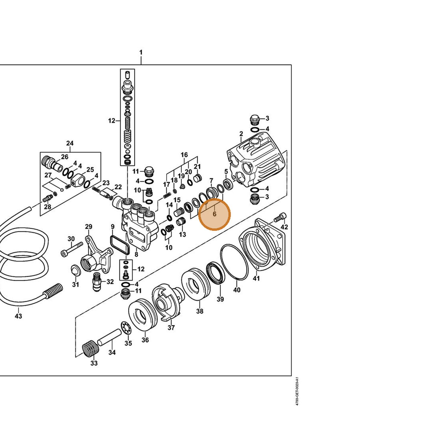 STIHL part 4790-007-1001 — IPL diagram snippet (6x zoom, amber highlight)