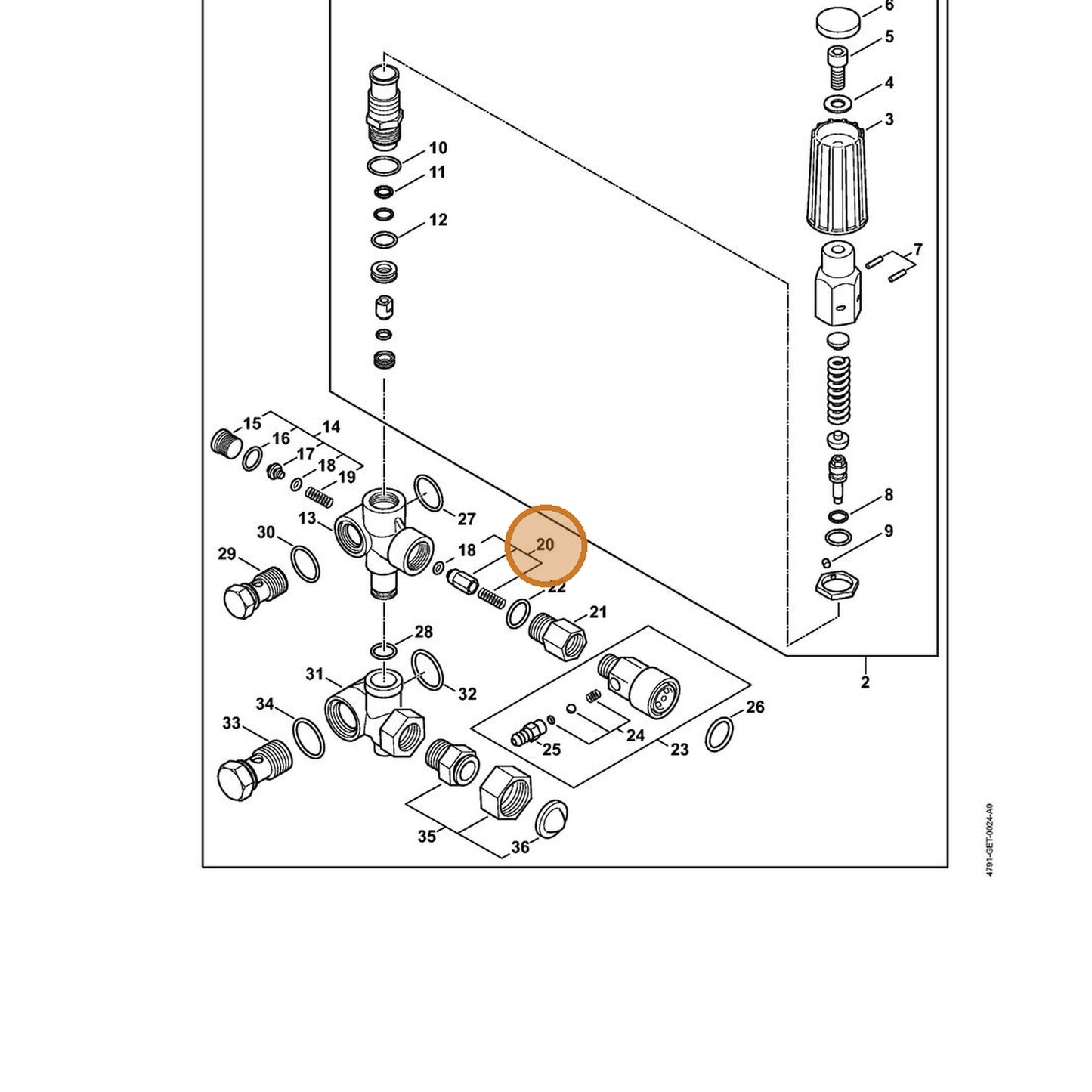 STIHL part 4791-510-0200 — IPL diagram snippet (6x zoom, amber highlight)